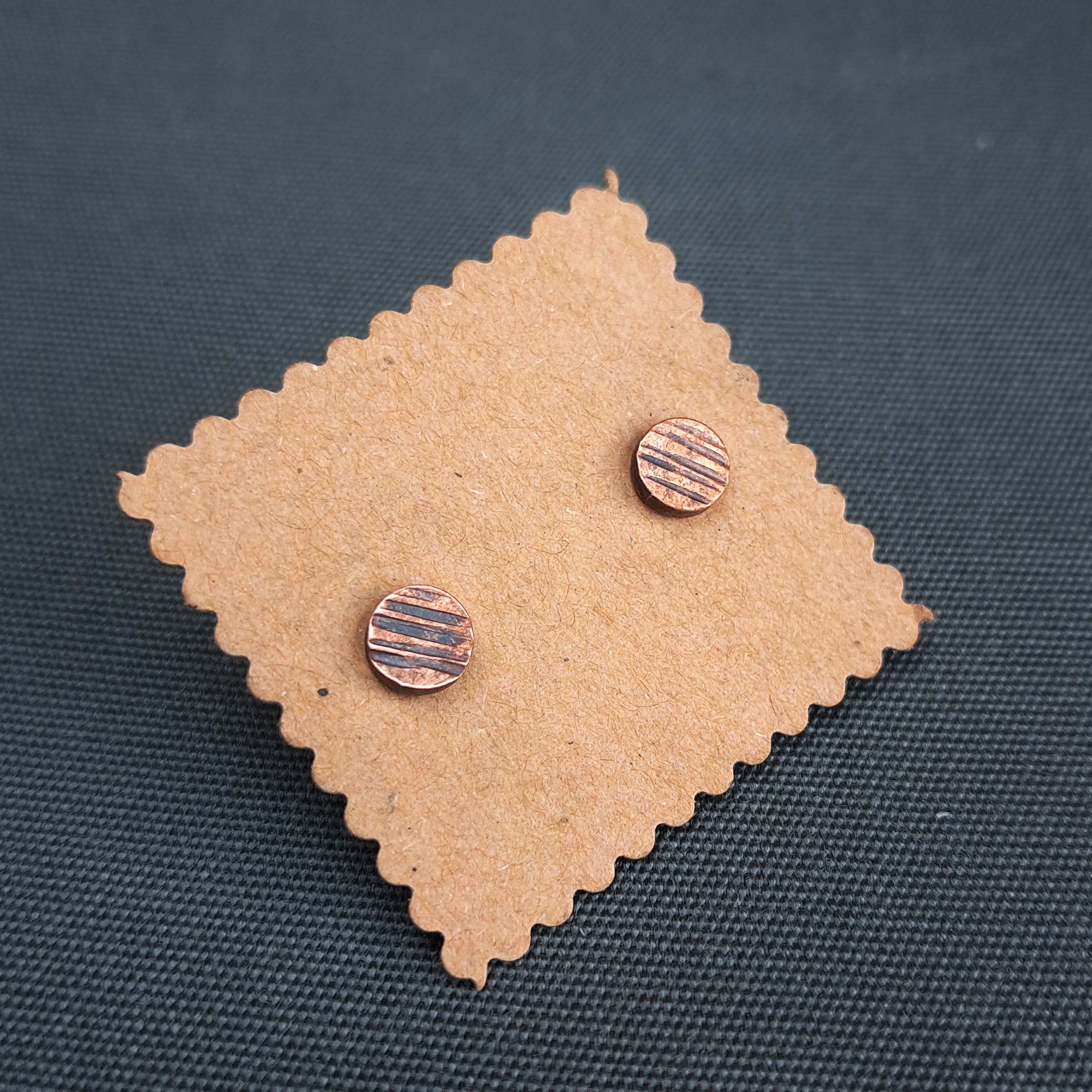 Lined Copper Circle Stud Earrings — 925 Sterling Silver Posts