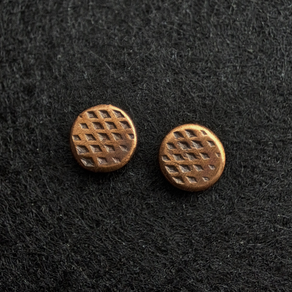 Cross-Hatched Copper Circle Stud Earrings — 925 Sterling Silver Posts