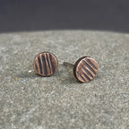 Lined Copper Circle Stud Earrings — 925 Sterling Silver Posts