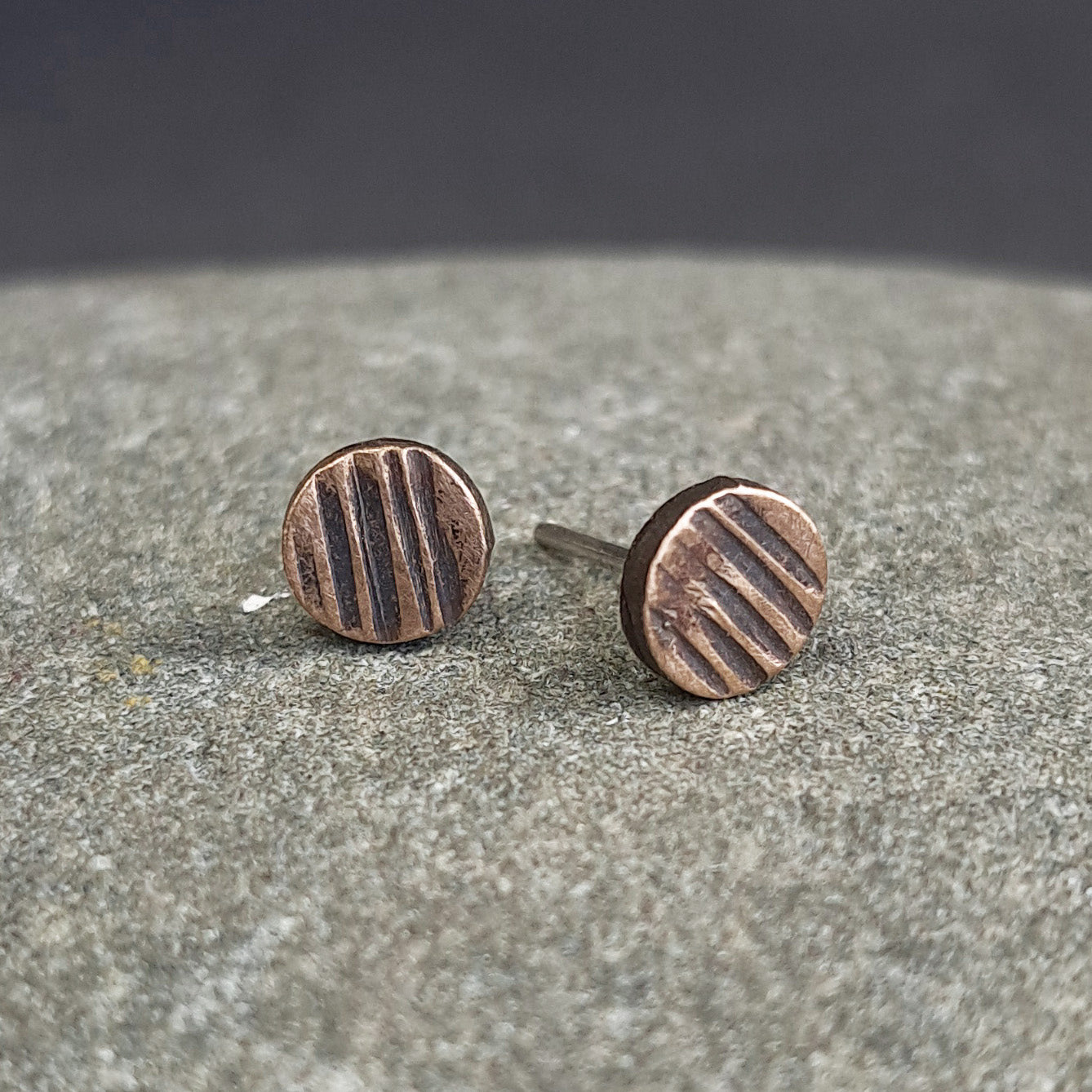 Lined Copper Circle Stud Earrings — 925 Sterling Silver Posts