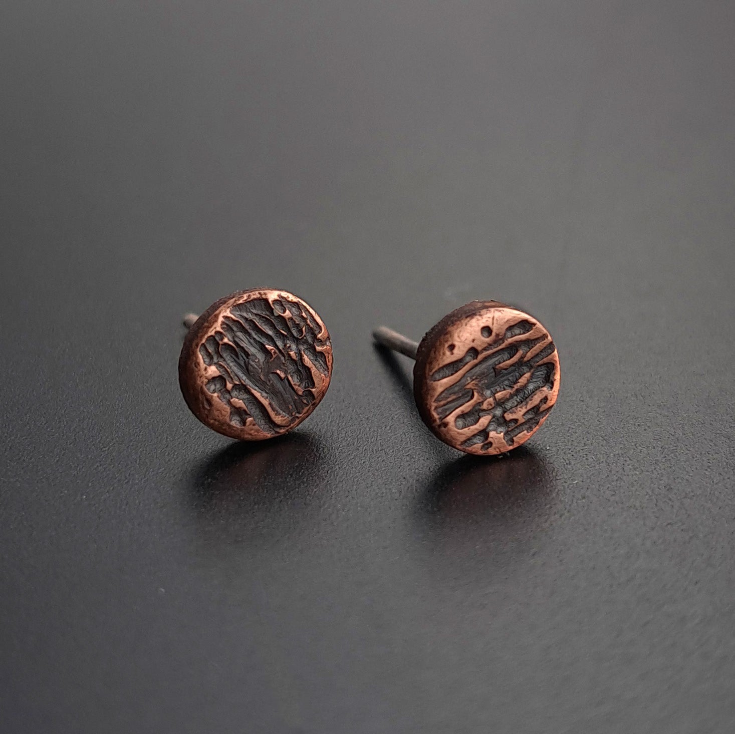 Raw-Textured Copper Circle Stud Earrings — 925 Sterling Silver Posts