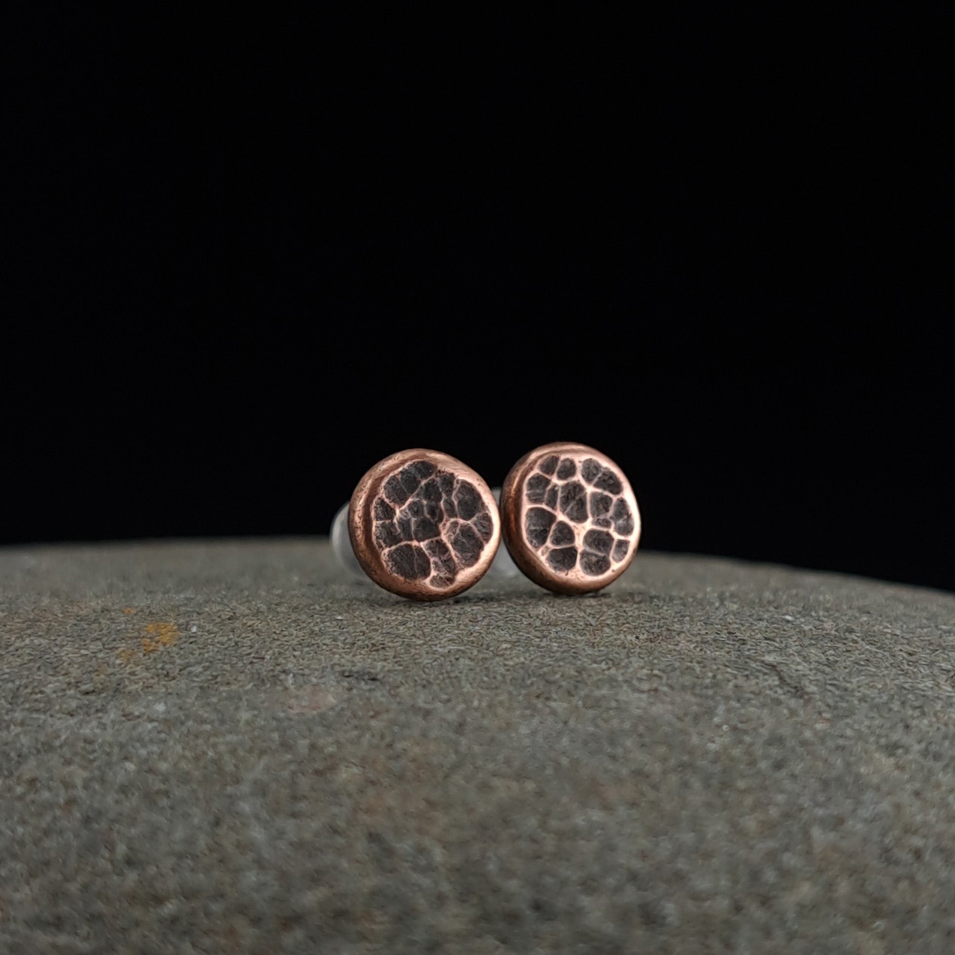 Hammered Copper Circle Stud Earrings — 925 Sterling Silver Posts