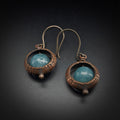 Copper ring earrings with aquamarine chalcedony flat lay, grey background — 1⅝ inch total length, handmade