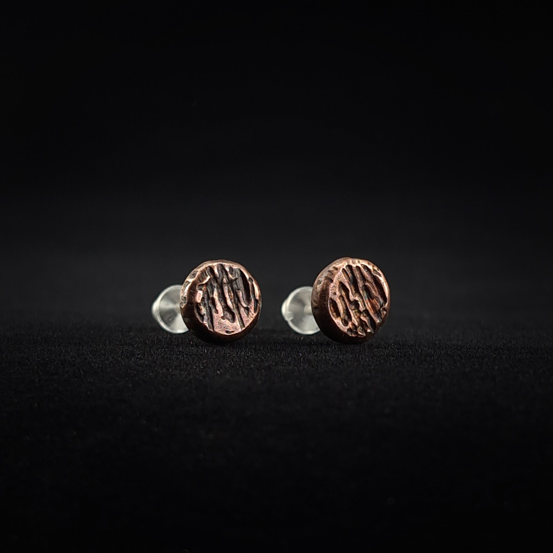 Raw-Textured Copper Circle Stud Earrings — 925 Sterling Silver Posts