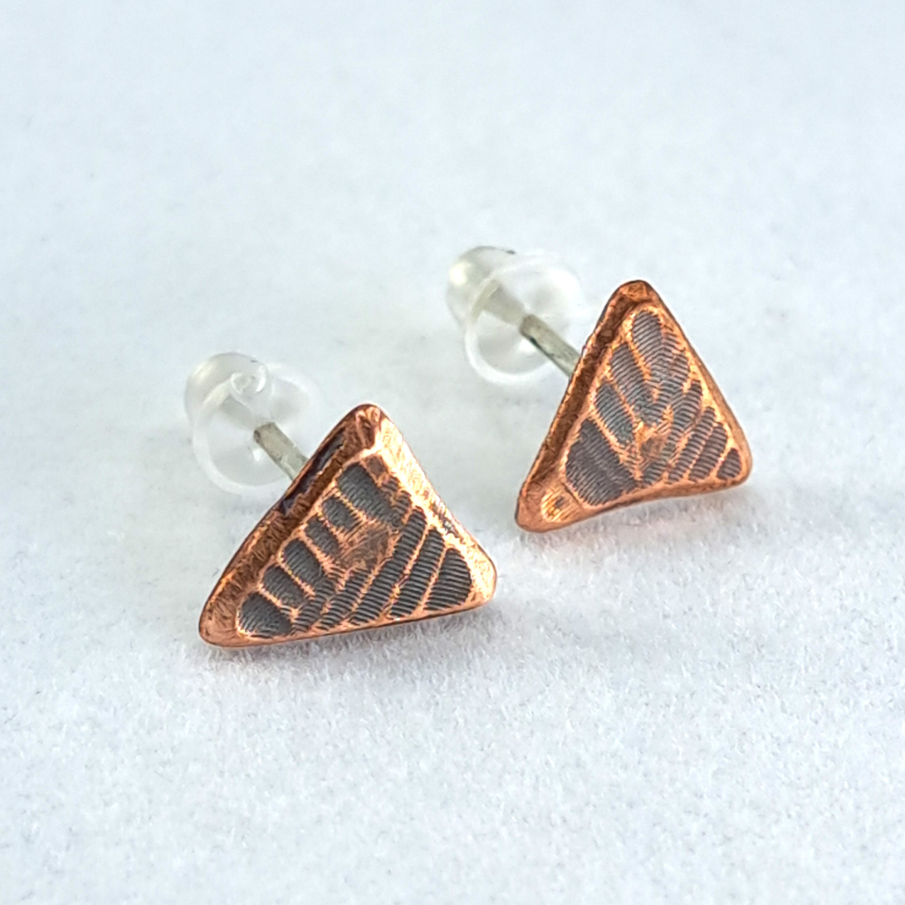 Woven Copper Triangle Stud Earrings — 925 Sterling Silver Posts