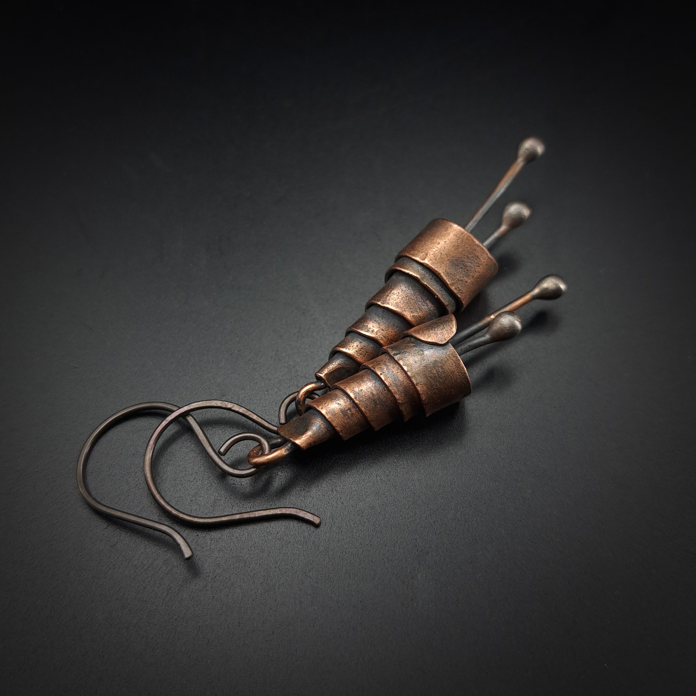 Copper Spiral Earrings — Wrapped Cone with Drop Stems