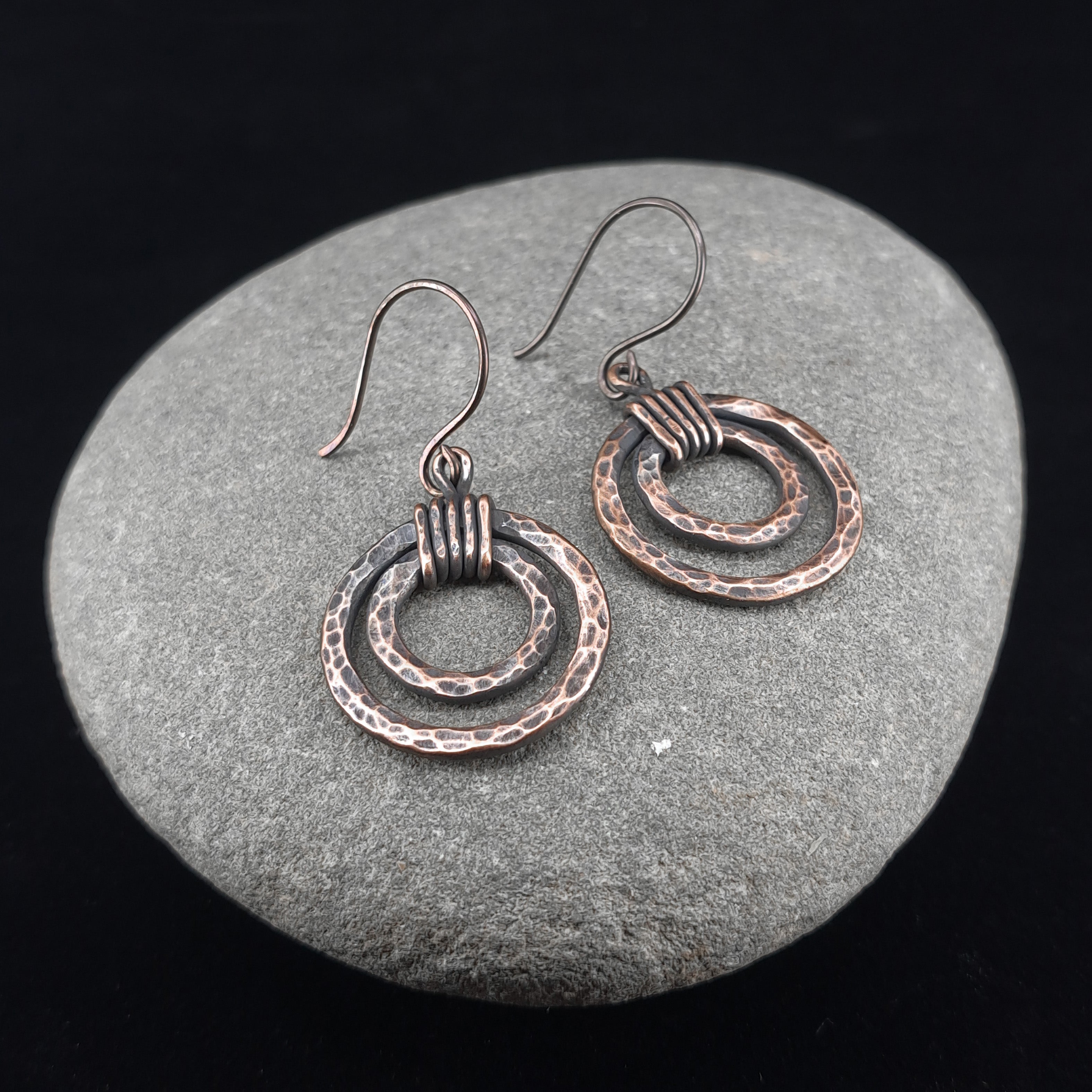 Eclipse Rings: Textured Concentric Copper Circle Dangles