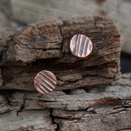 Lined Copper Circle Stud Earrings — 925 Sterling Silver Posts