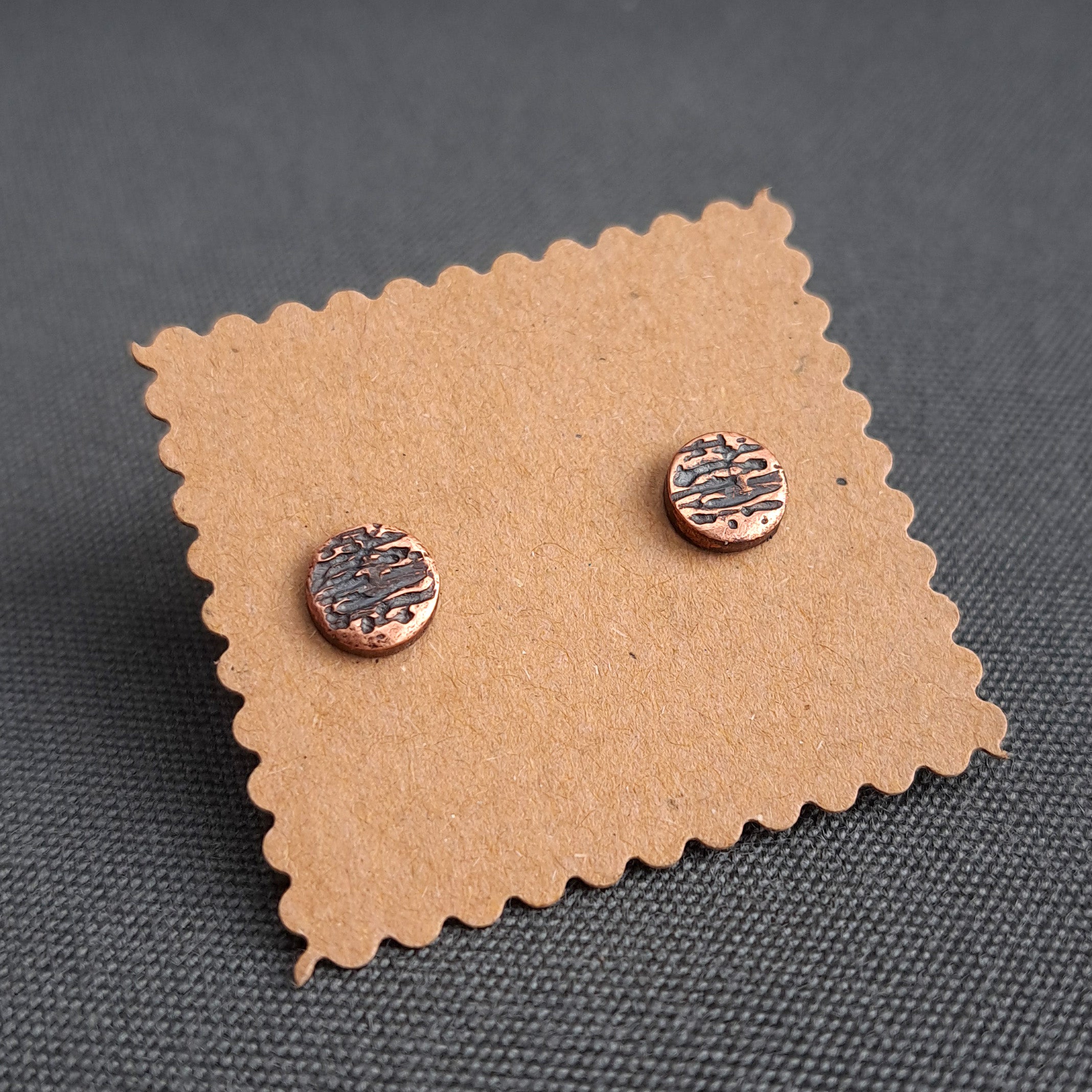 Raw-Textured Copper Circle Stud Earrings — 925 Sterling Silver Posts