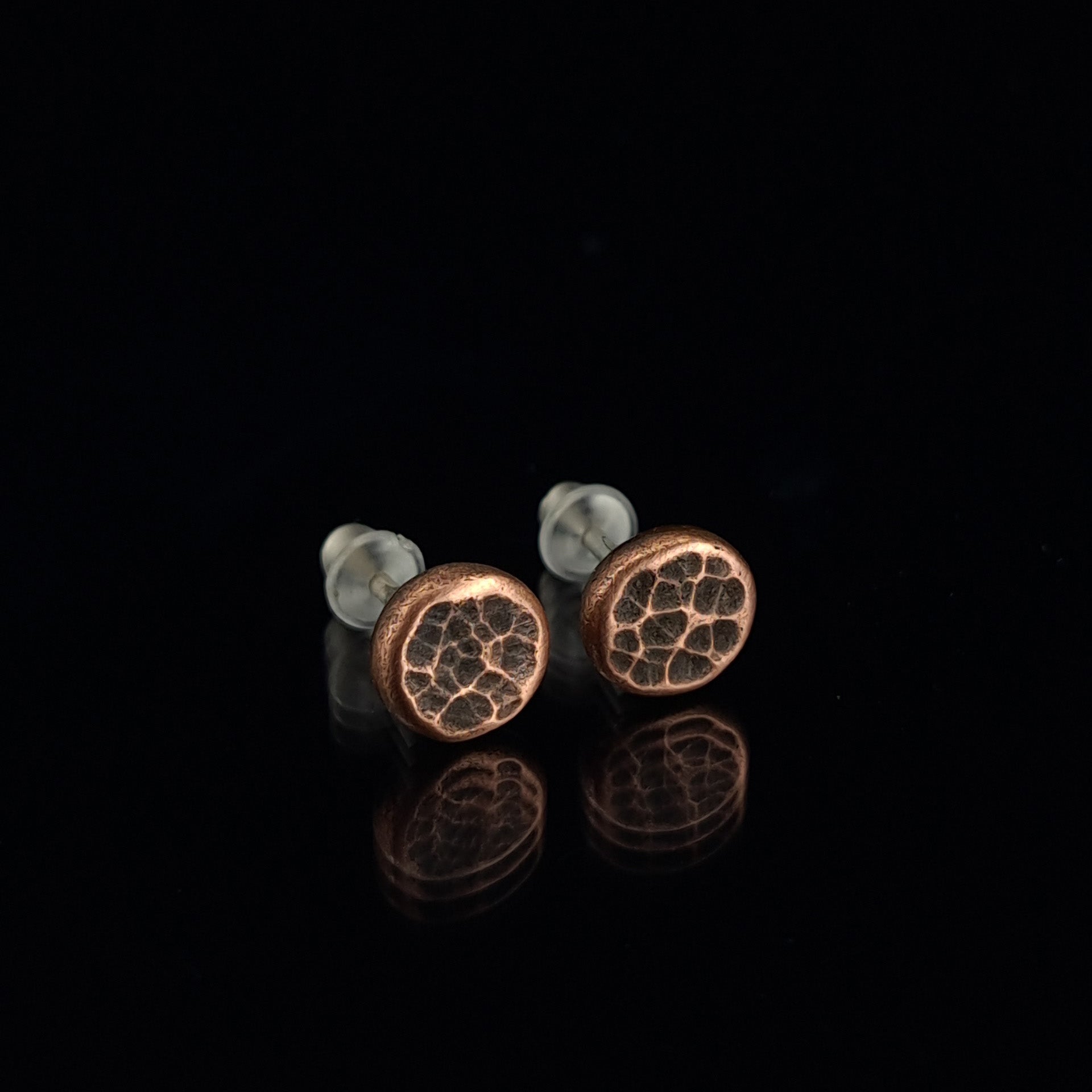Hammered Copper Circle Stud Earrings — 925 Sterling Silver Posts