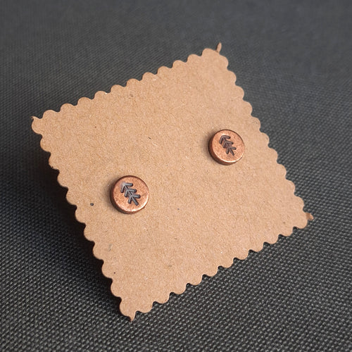 Fir-Stamped Copper Circle Stud Earrings — 925 Sterling Silver Posts