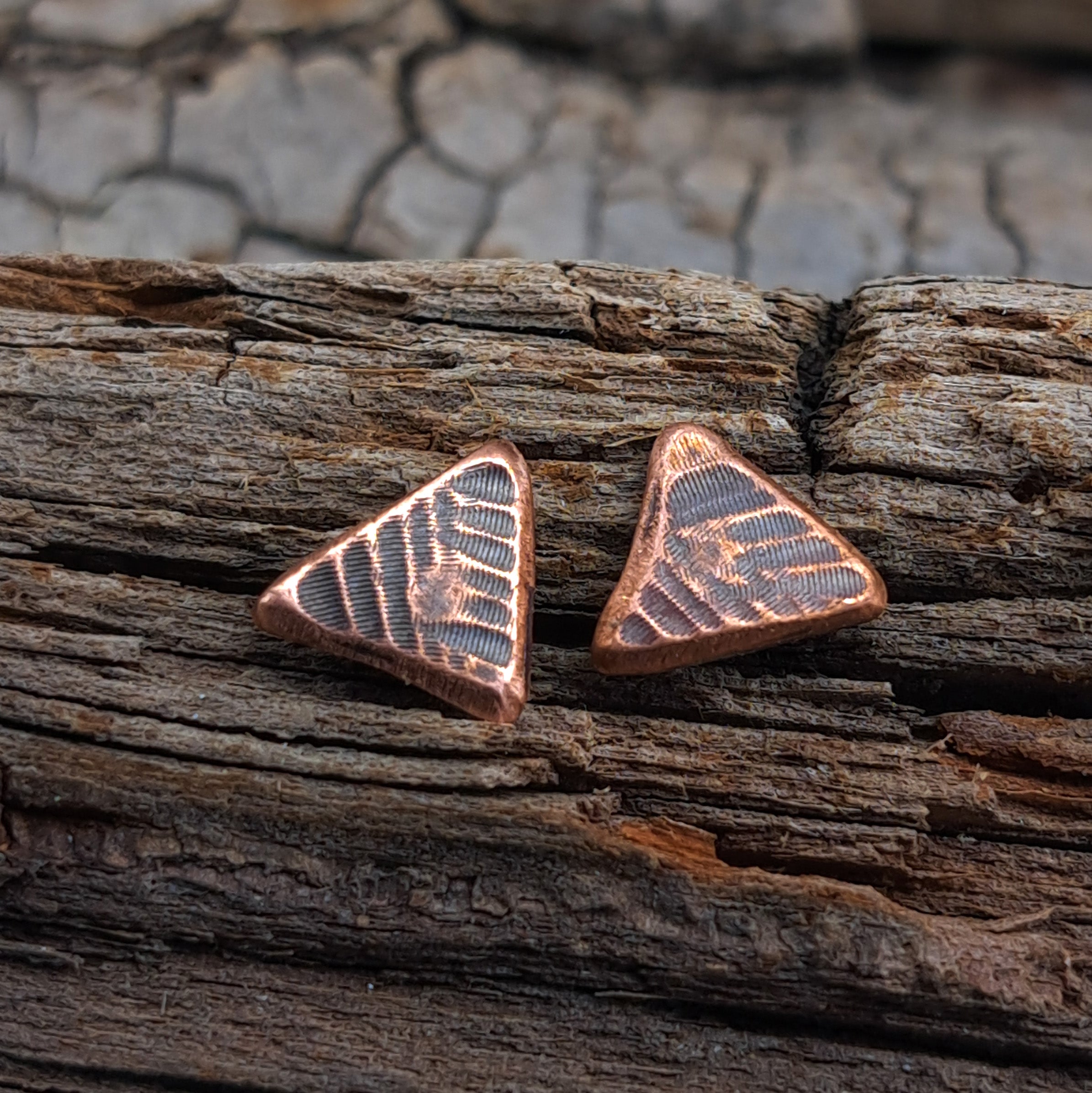 Woven Copper Triangle Stud Earrings — 925 Sterling Silver Posts