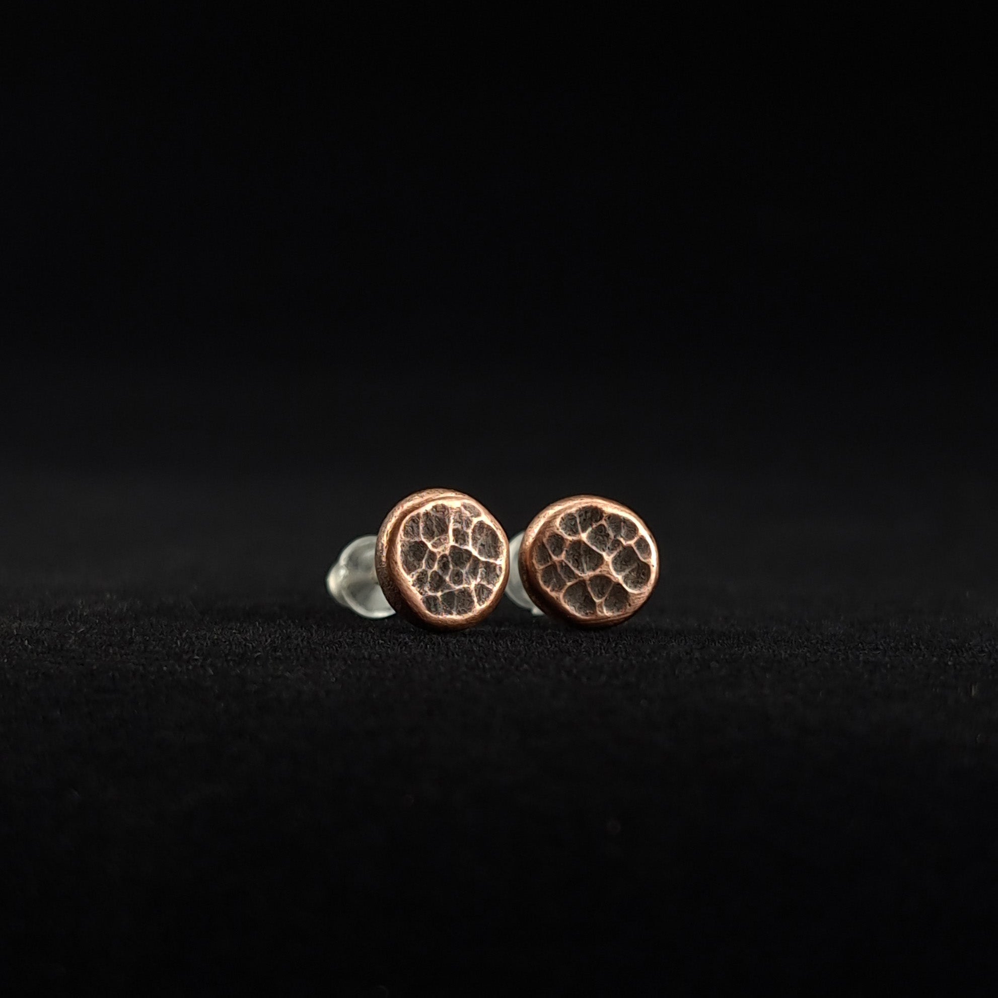 Hammered Copper Circle Stud Earrings — 925 Sterling Silver Posts