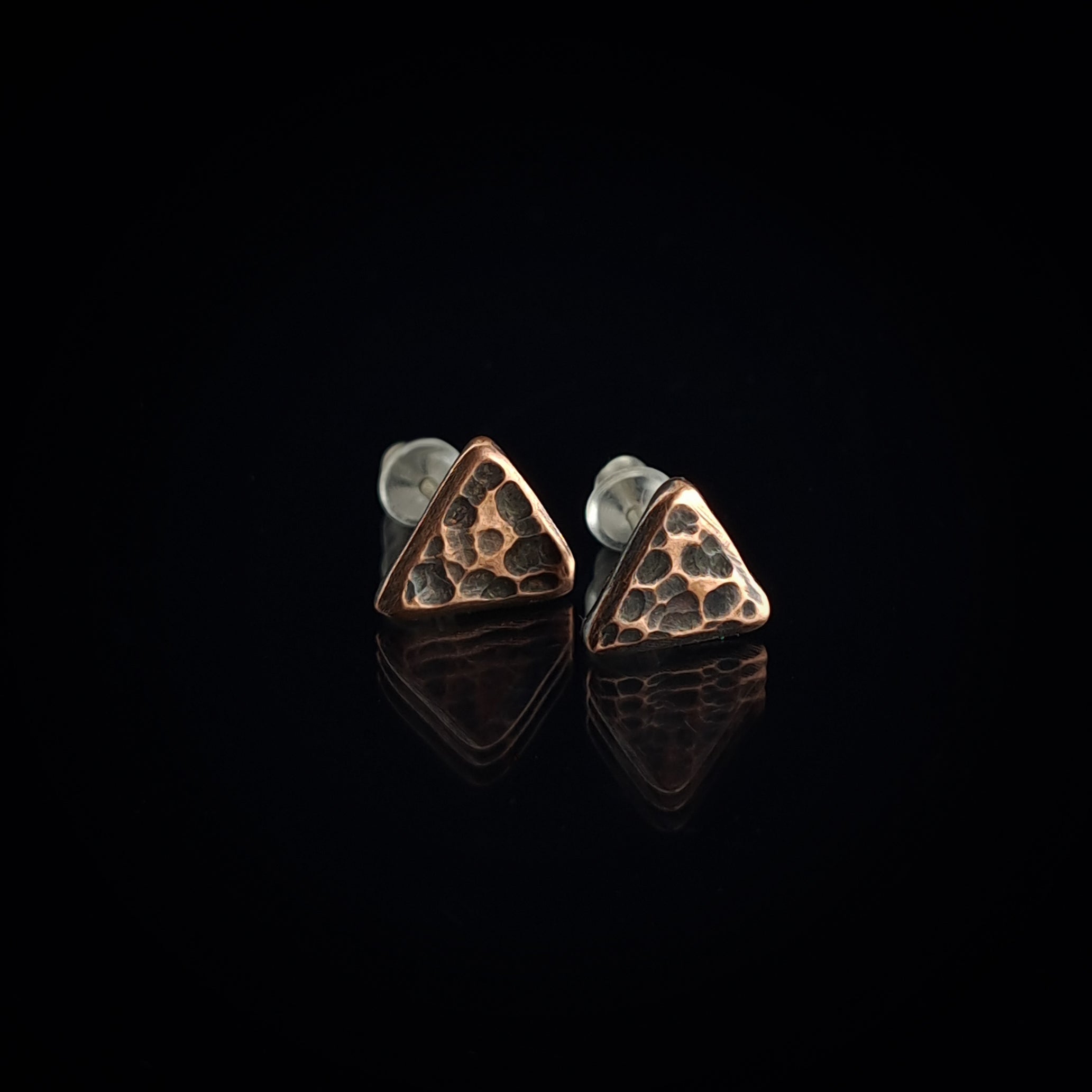 Hammered Copper Triangle Stud Earrings — 925 Sterling Silver Posts