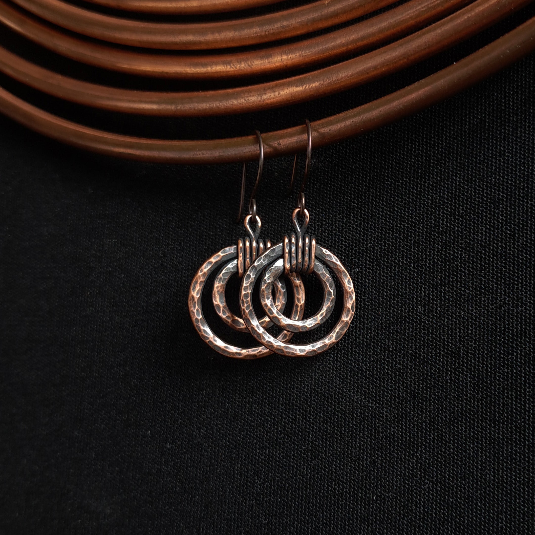 Eclipse Rings: Textured Concentric Copper Circle Dangles