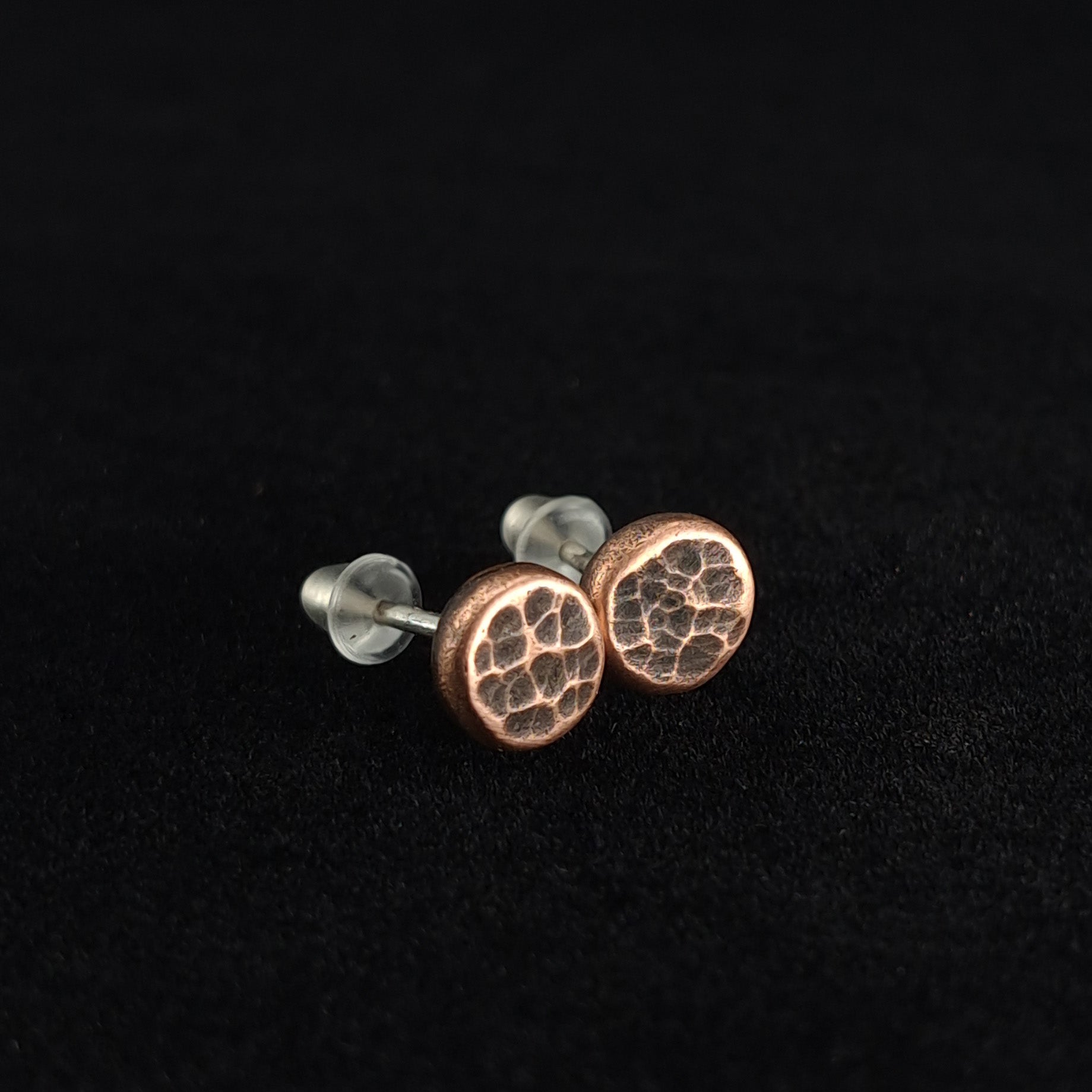 Hammered Copper Circle Stud Earrings — 925 Sterling Silver Posts