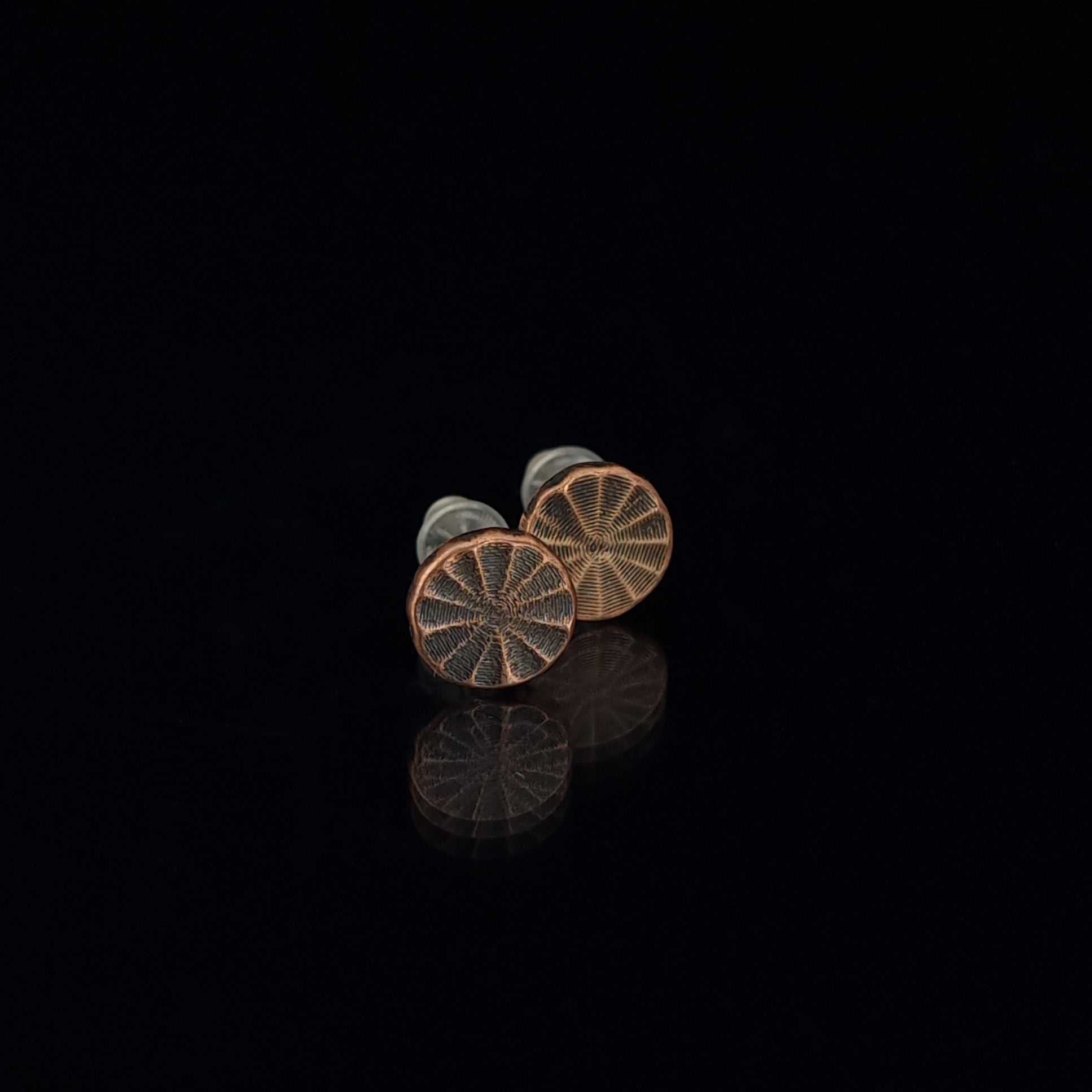 Citrus Cut Copper Circle Stud Earrings — 925 Sterling Silver Posts