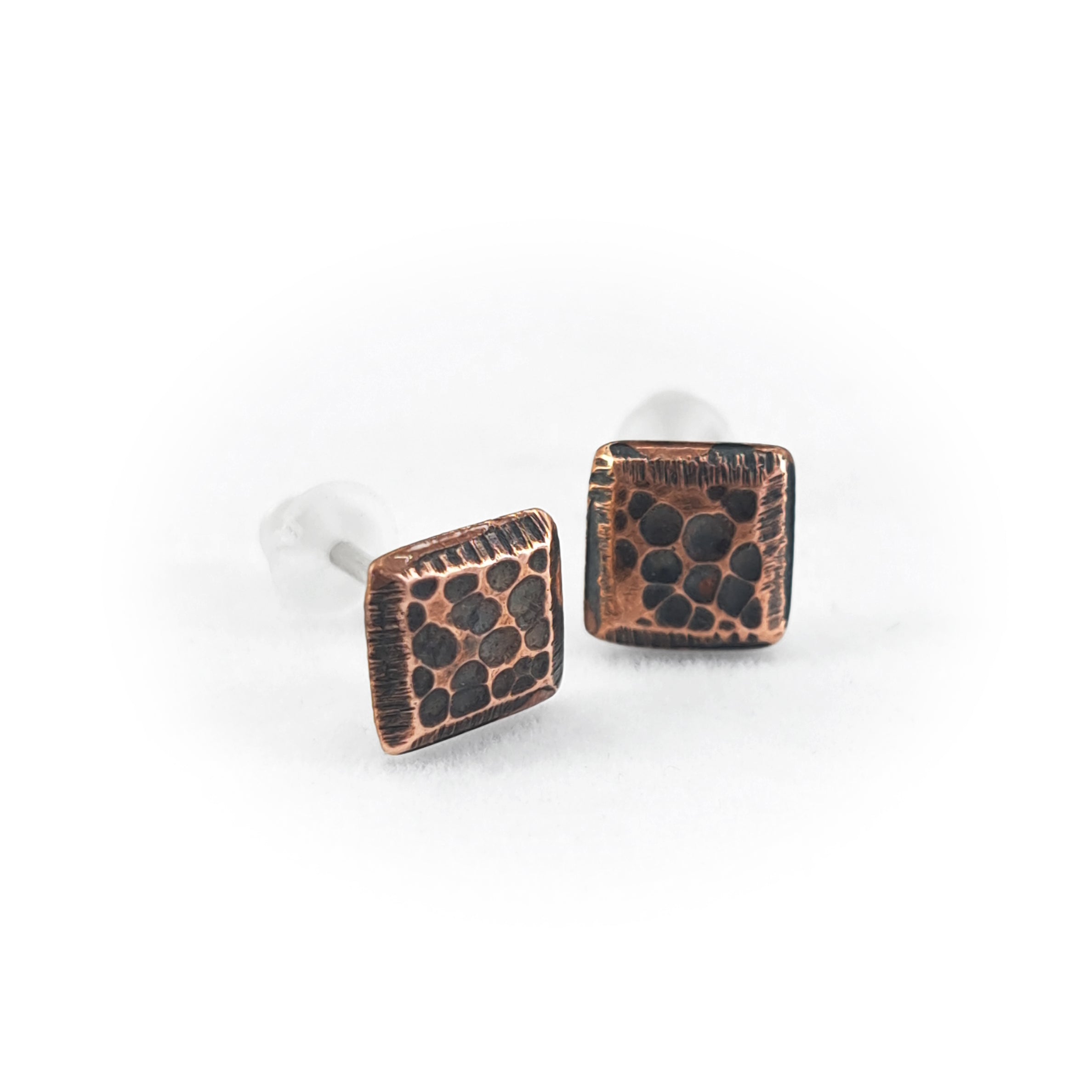 Hammered Copper Square Stud Earrings — 925 Sterling Silver Posts