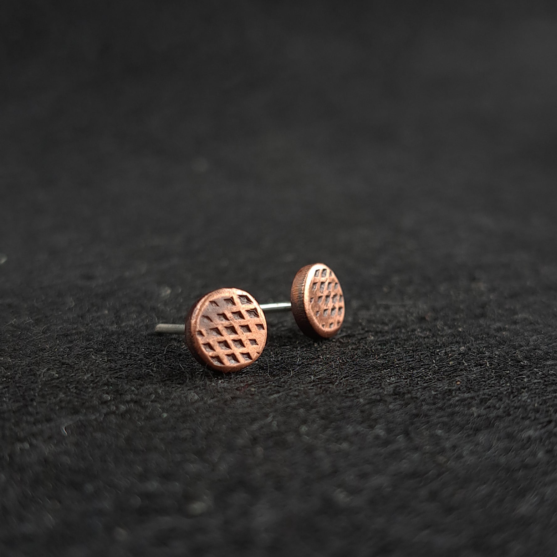 Cross-Hatched Copper Circle Stud Earrings — 925 Sterling Silver Posts