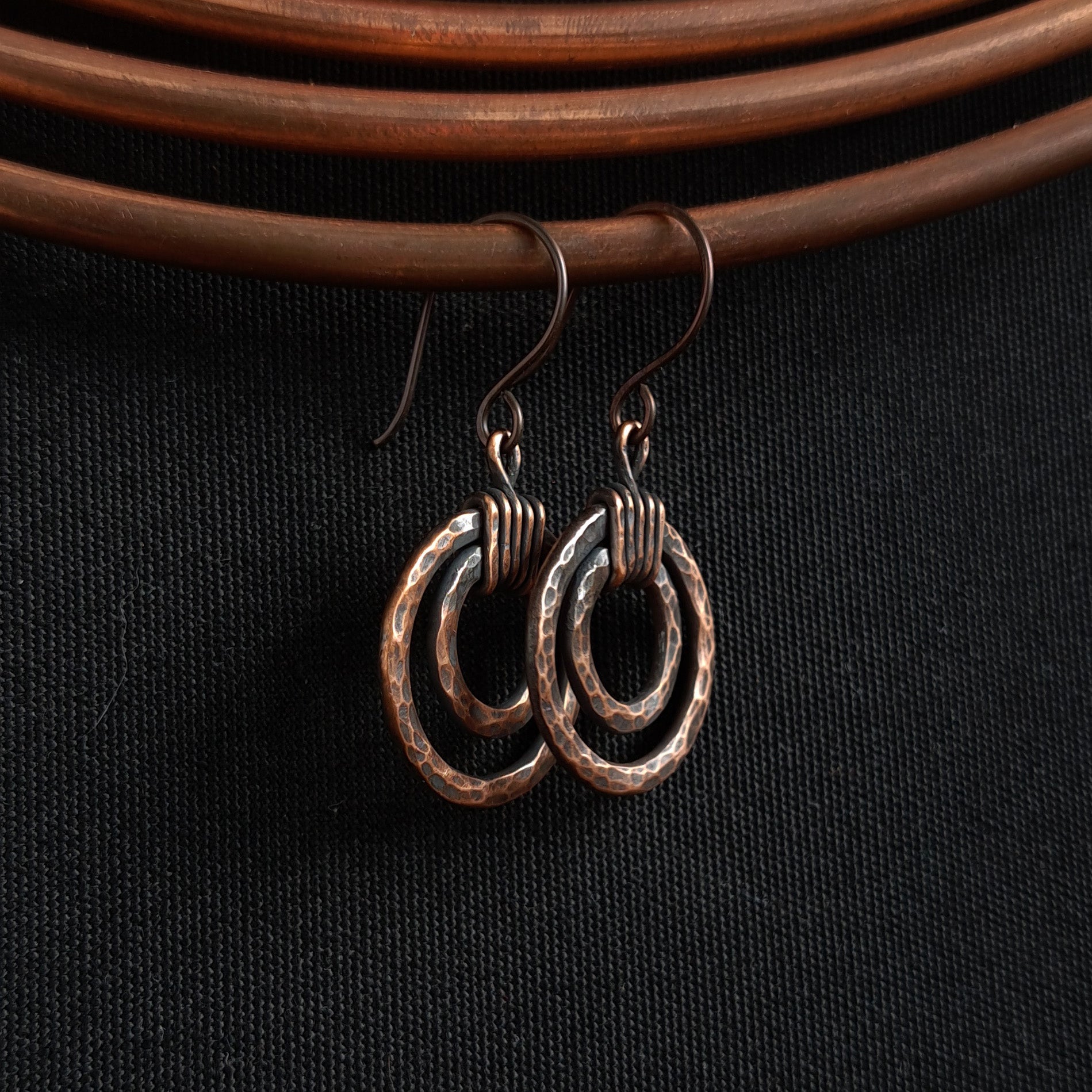 Eclipse Rings: Textured Concentric Copper Circle Dangles