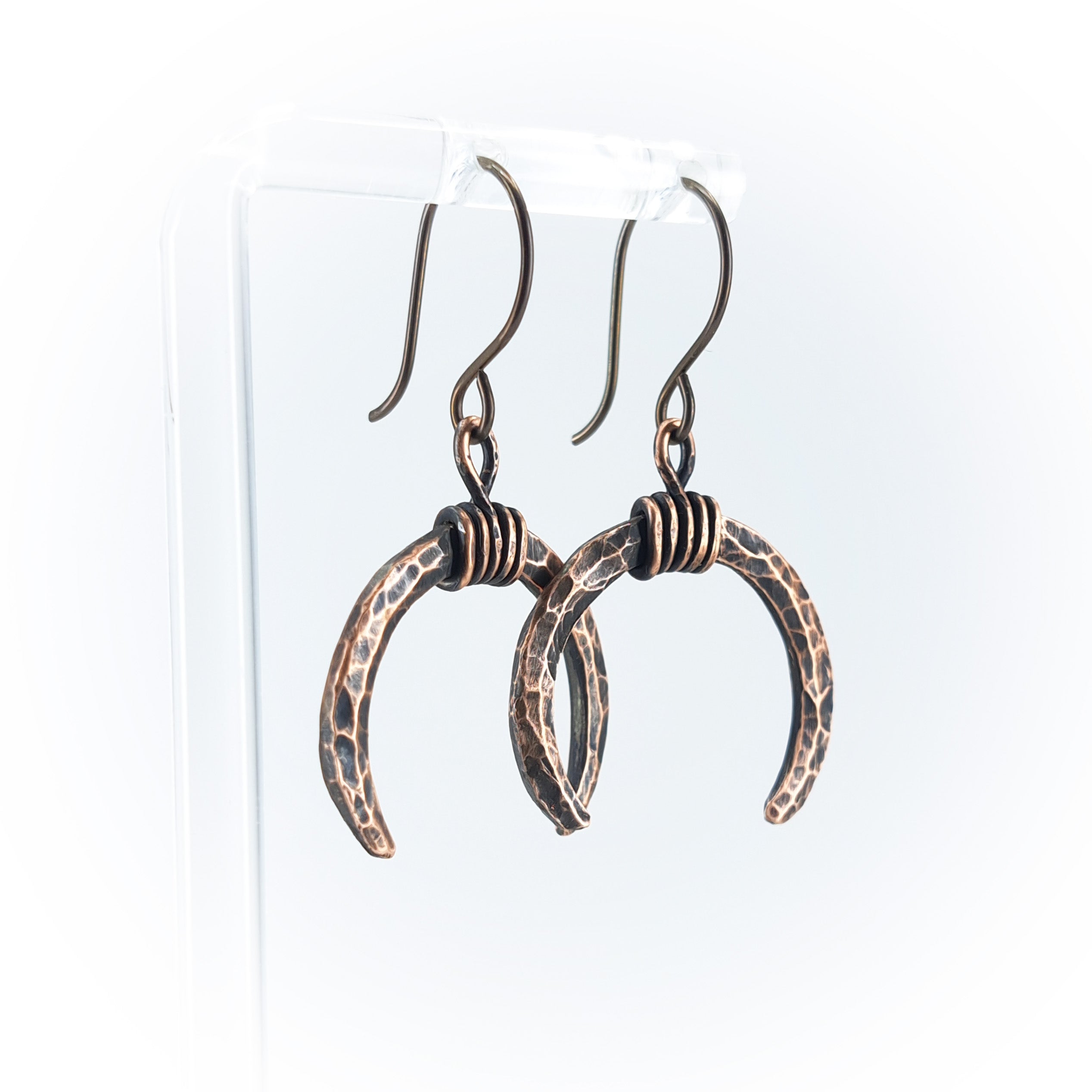 Lunar Horns: Textured Copper Crescent Moon Dangles
