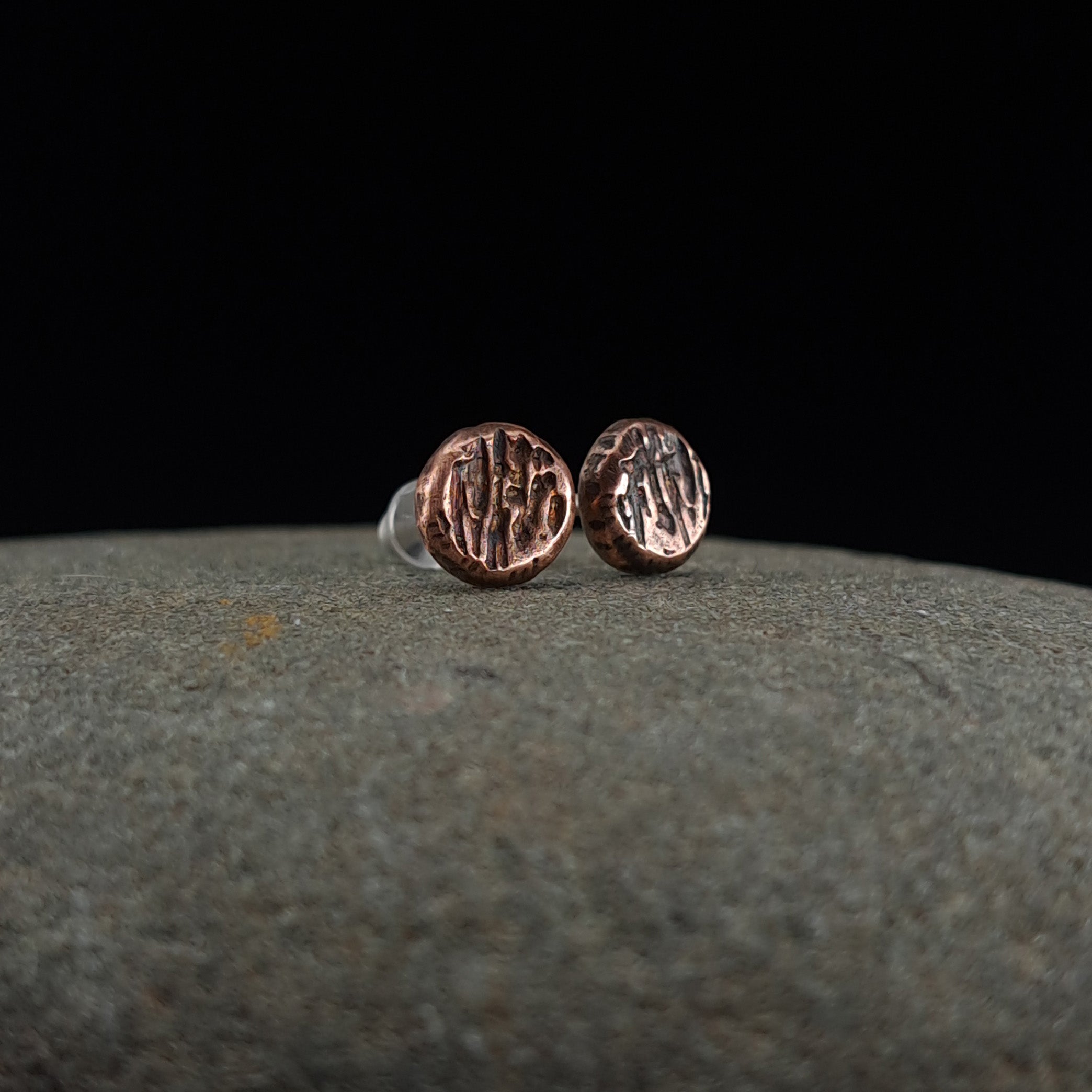 Raw-Textured Copper Circle Stud Earrings — 925 Sterling Silver Posts