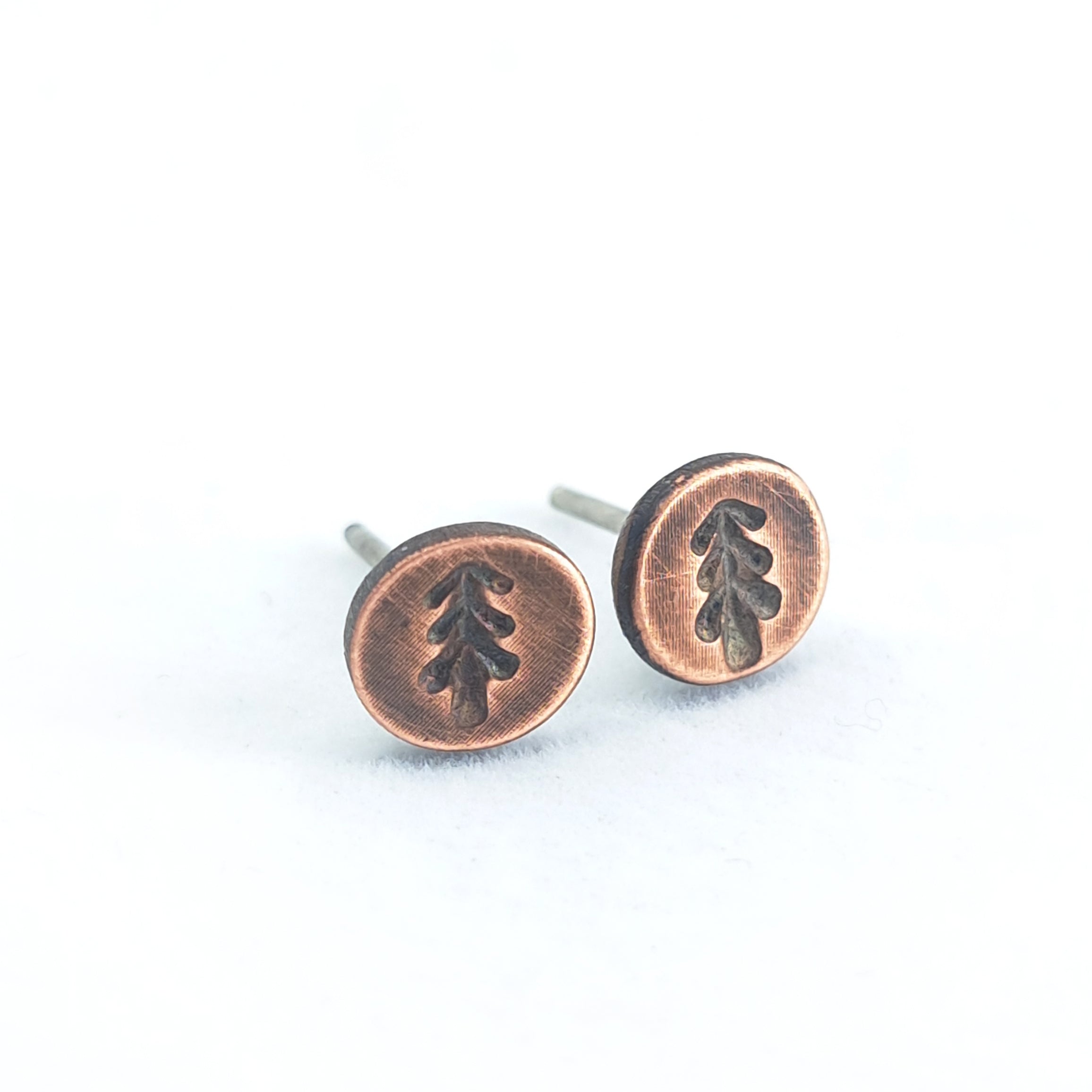 Fir-Stamped Copper Circle Stud Earrings — 925 Sterling Silver Posts