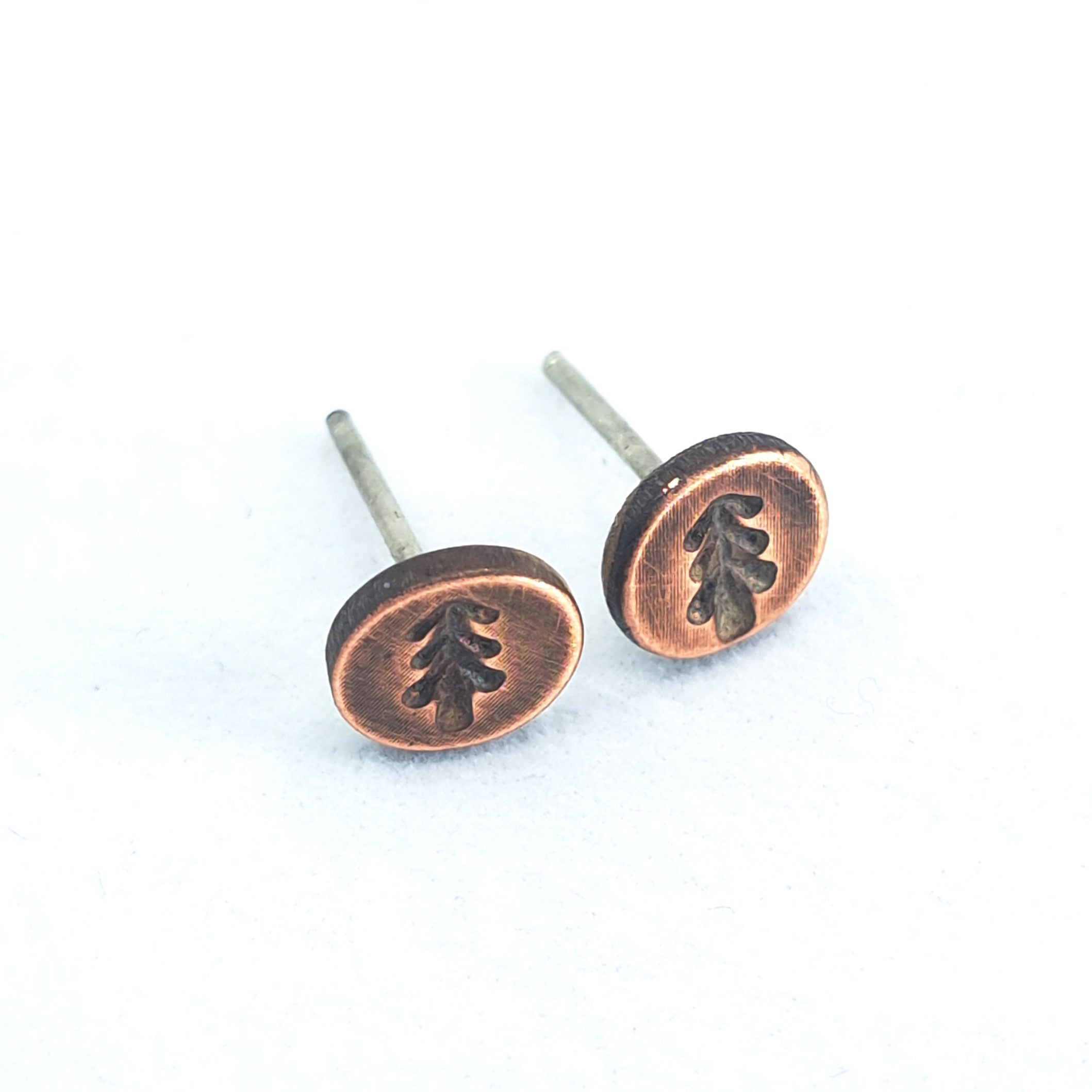 Fir-Stamped Copper Circle Stud Earrings — 925 Sterling Silver Posts