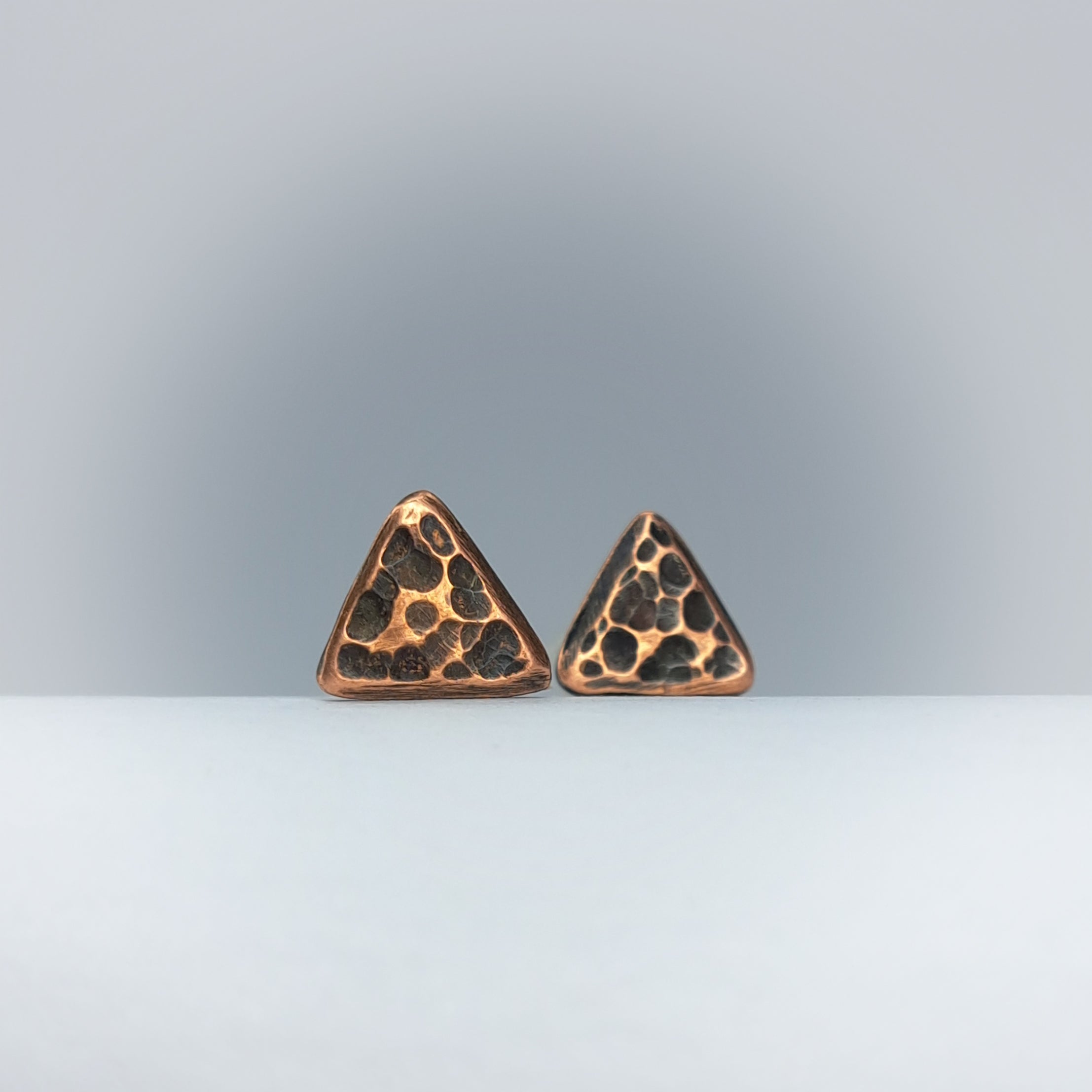 Hammered Copper Triangle Stud Earrings — 925 Sterling Silver Posts