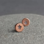 Star-Stamped Copper Circle Stud Earrings — 925 Sterling Silver Posts