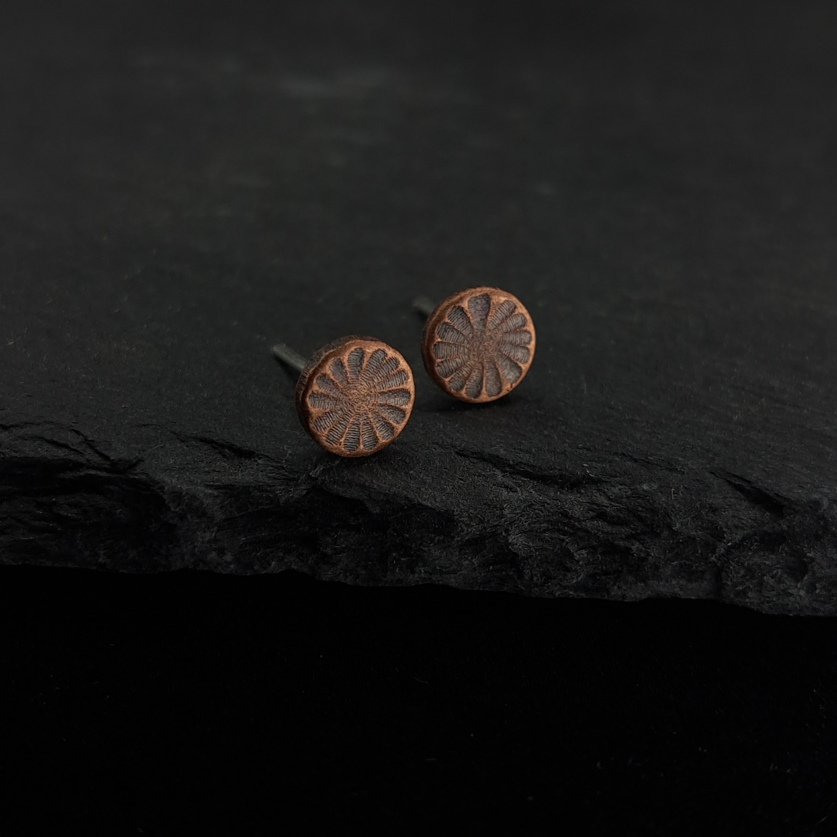 Citrus Cut Copper Circle Stud Earrings — 925 Sterling Silver Posts