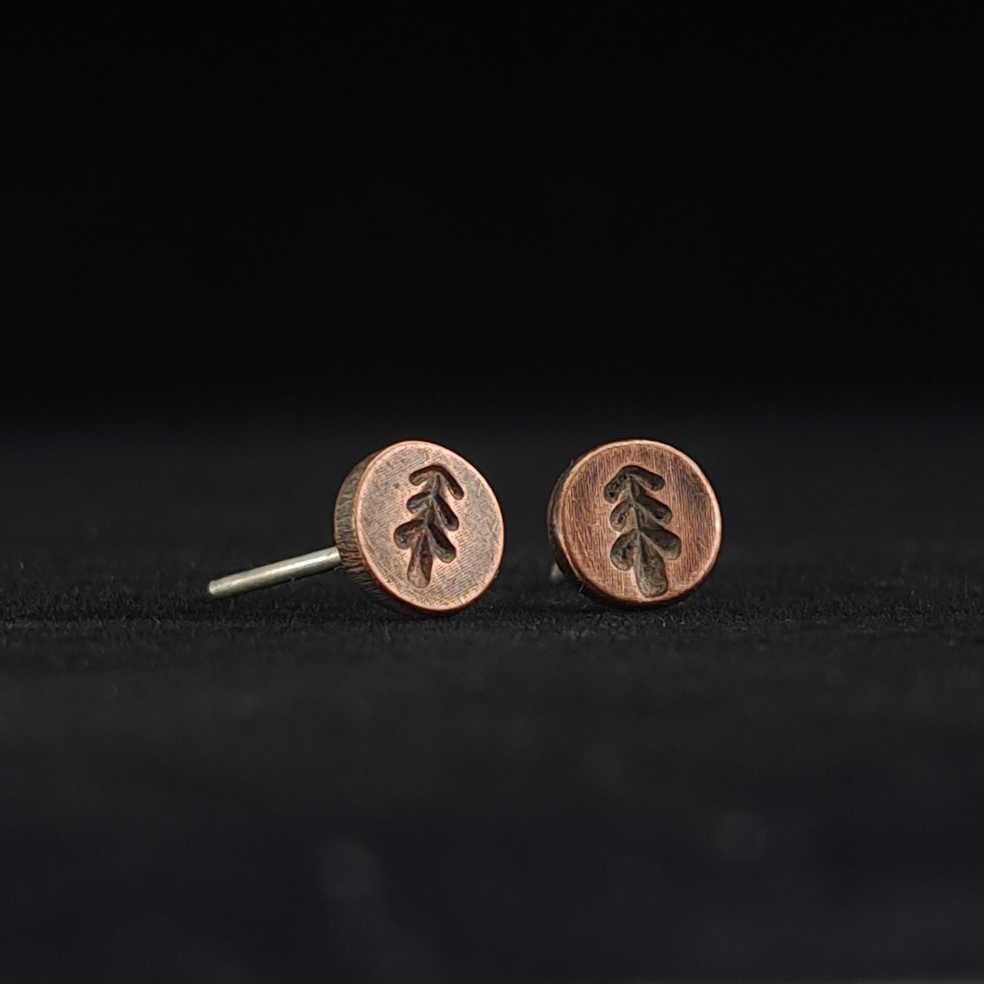 Fir-Stamped Copper Circle Stud Earrings — 925 Sterling Silver Posts