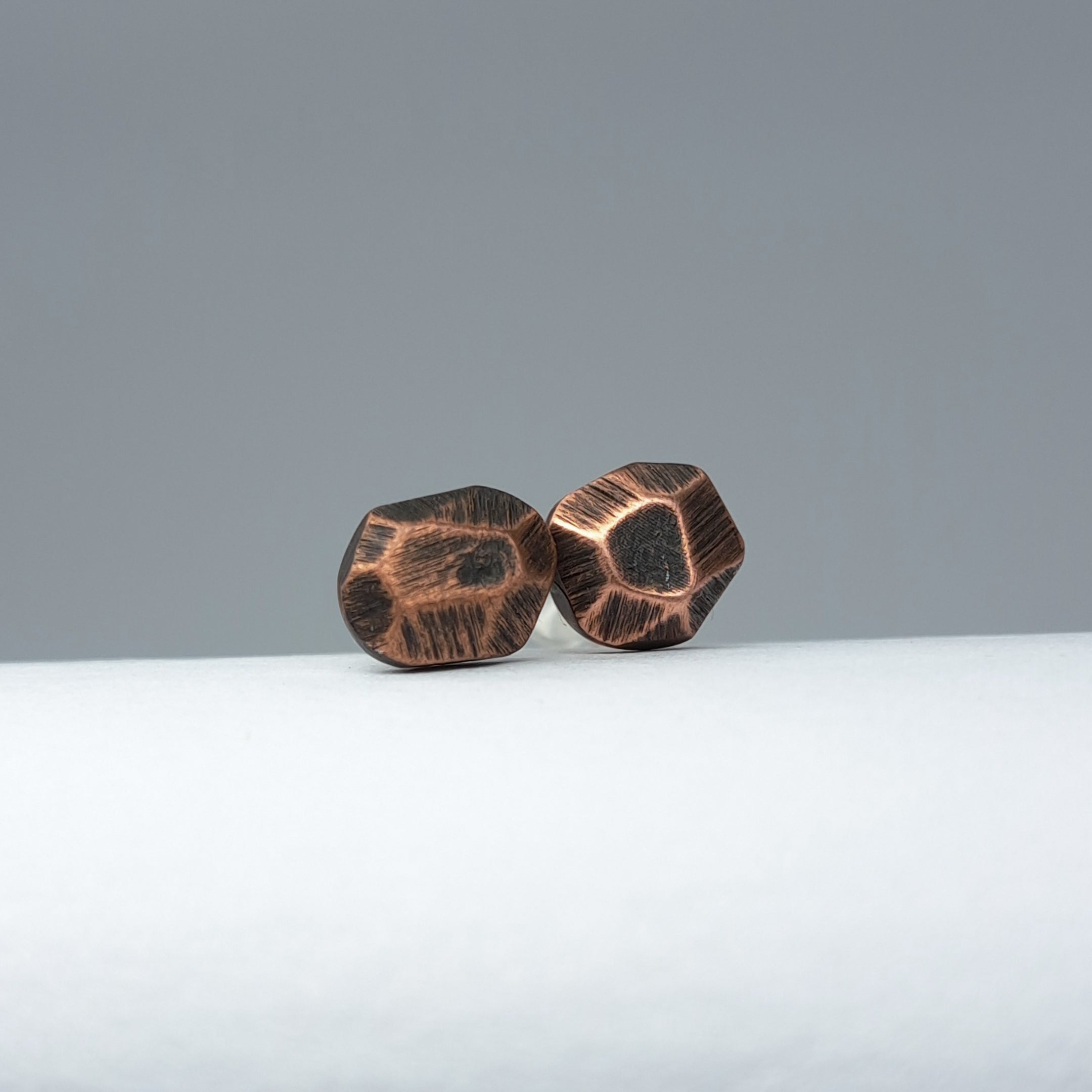 Faceted Copper Stud Earrings — 925 Sterling Silver Posts