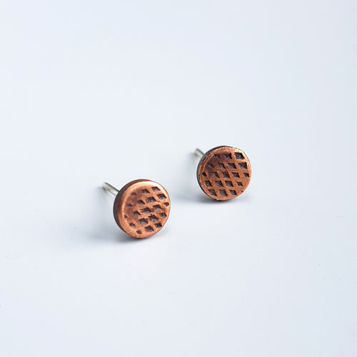 Cross-Hatched Copper Circle Stud Earrings — 925 Sterling Silver Posts