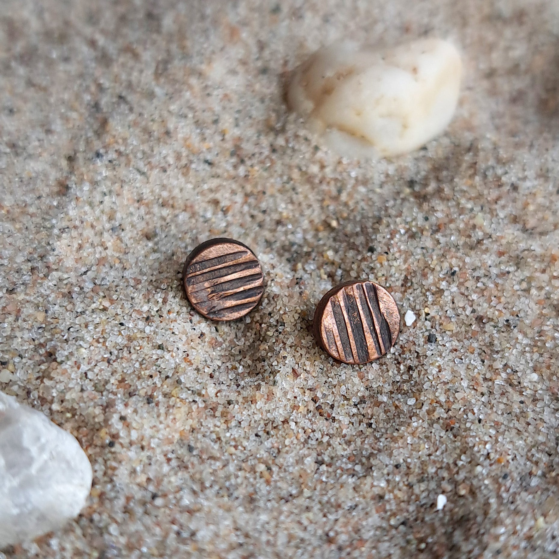 Lined Copper Circle Stud Earrings — 925 Sterling Silver Posts
