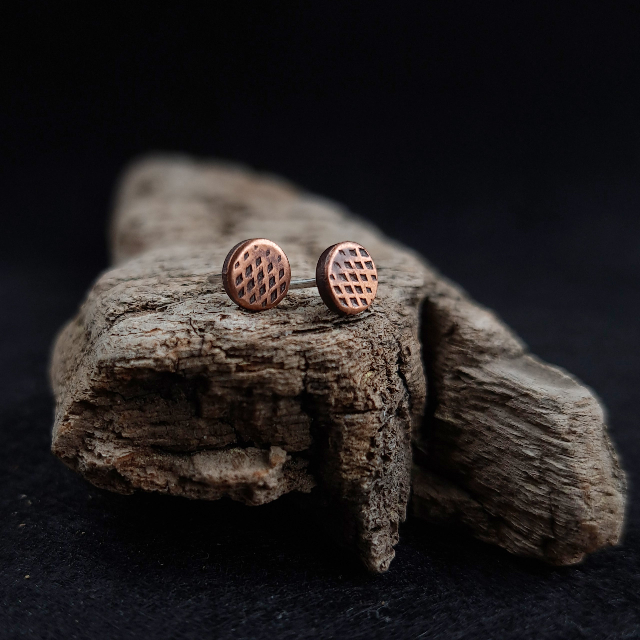 Cross-Hatched Copper Circle Stud Earrings — 925 Sterling Silver Posts