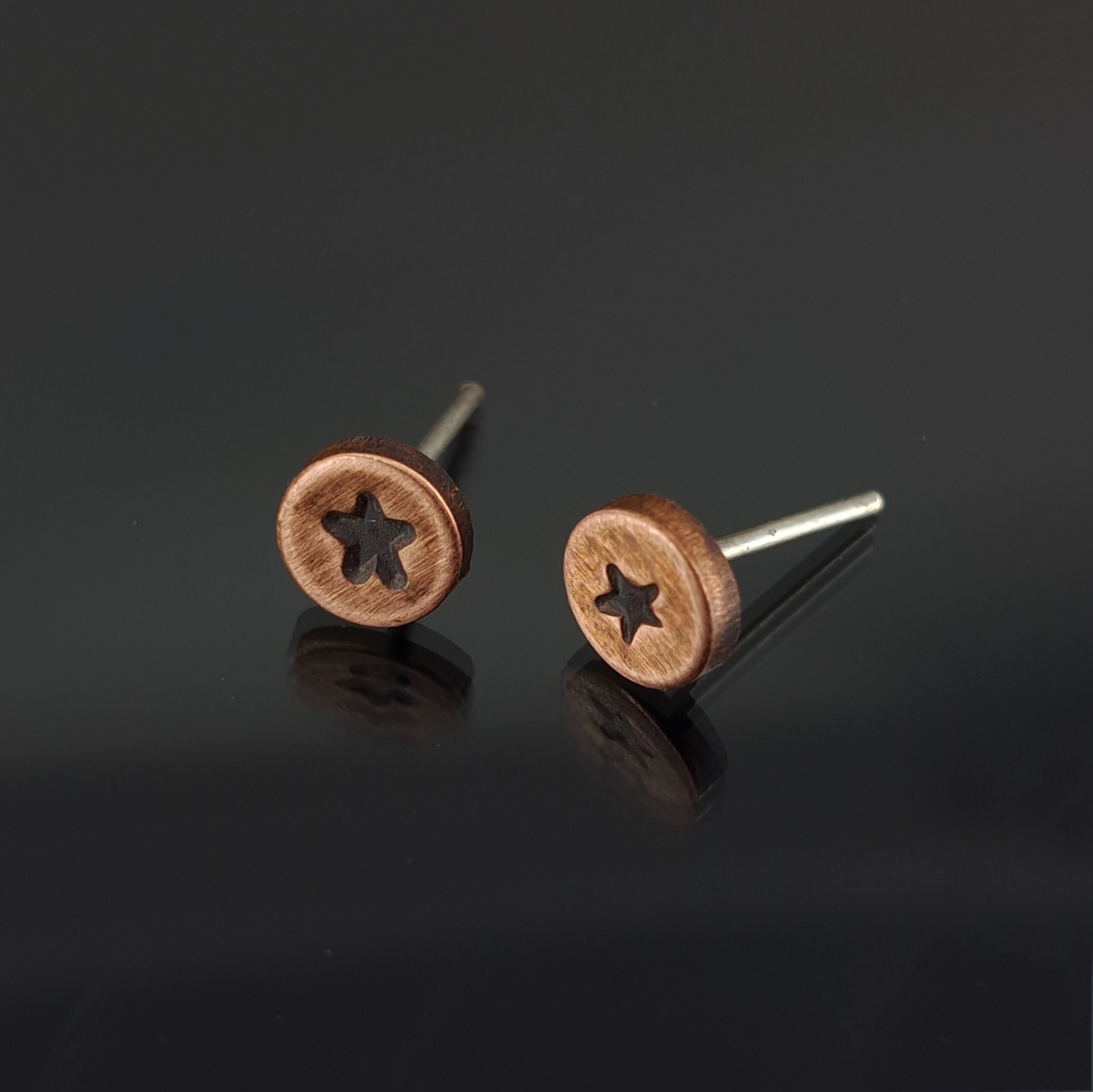 Star-Stamped Copper Circle Stud Earrings — 925 Sterling Silver Posts