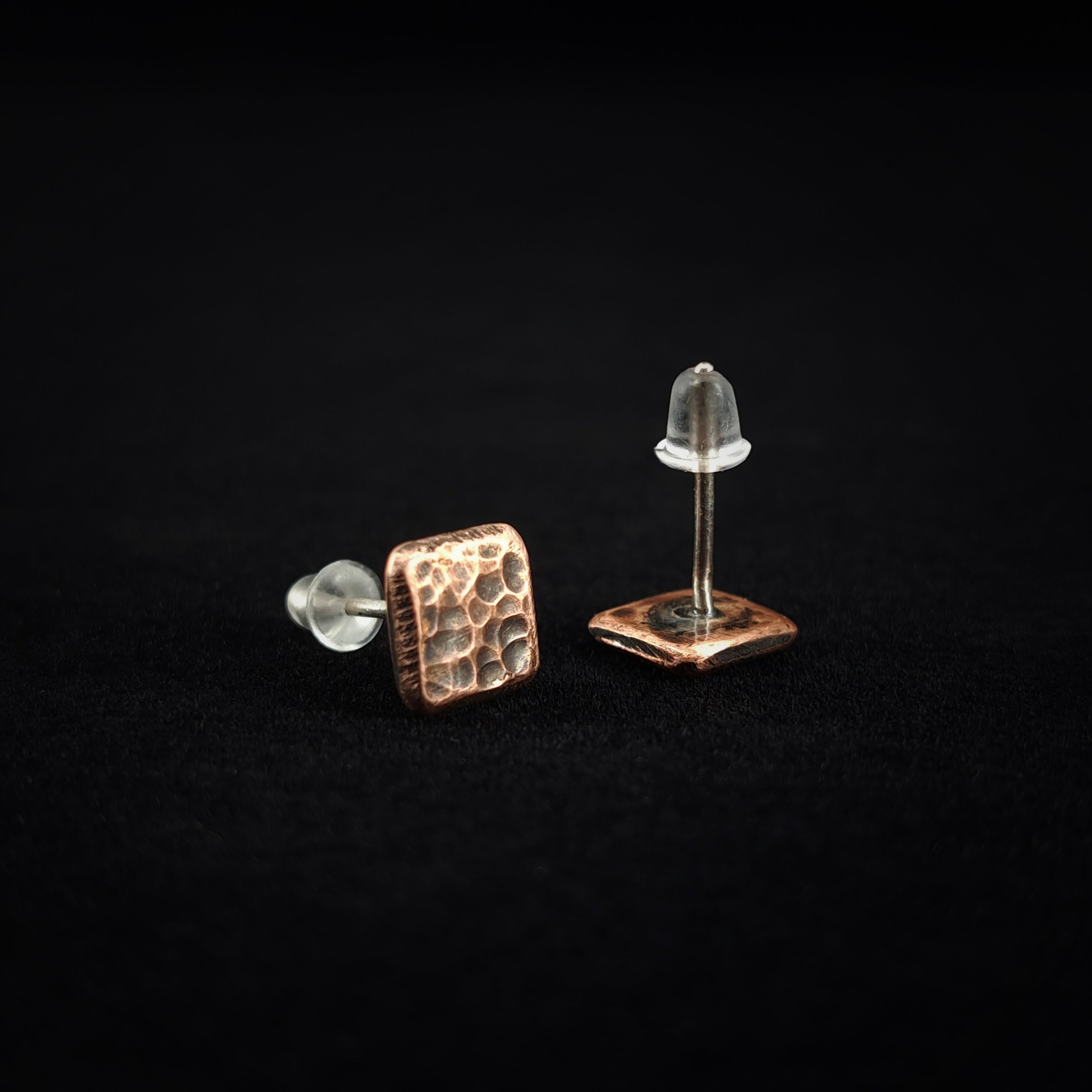 Hammered Copper Square Stud Earrings — 925 Sterling Silver Posts