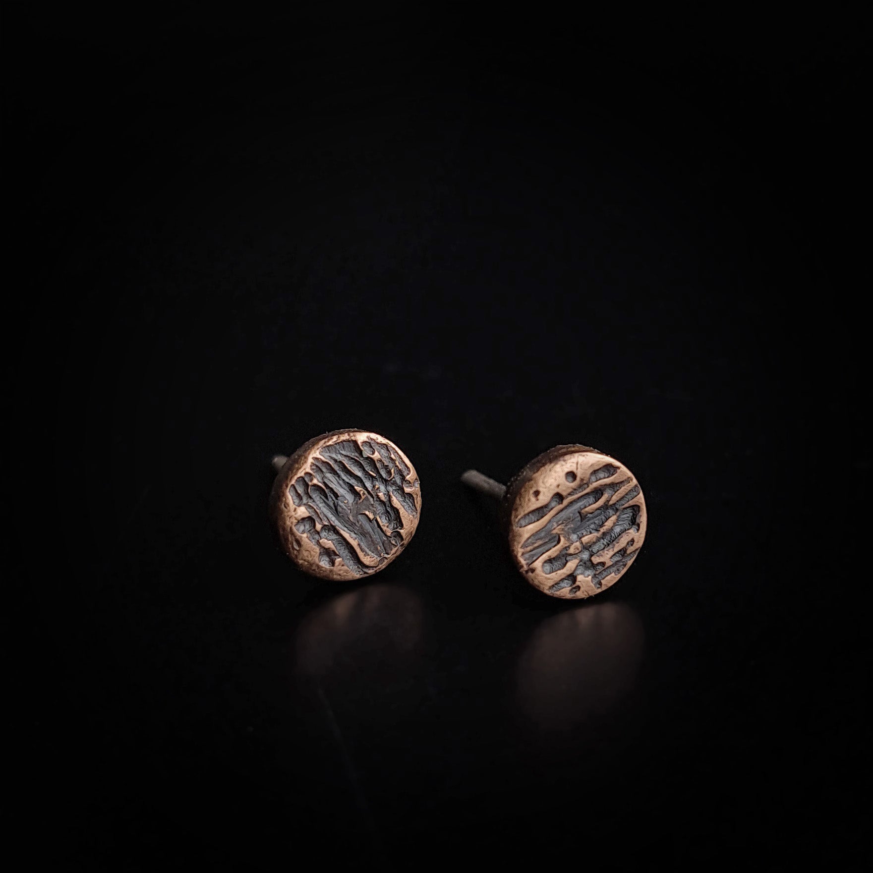 Raw-Textured Copper Circle Stud Earrings — 925 Sterling Silver Posts