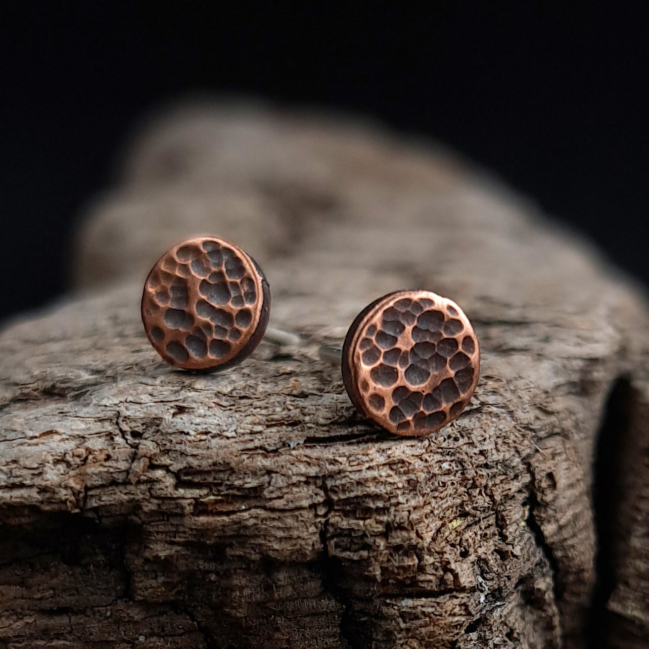 Hammered Copper Circle Stud Earrings — 925 Sterling Silver Posts