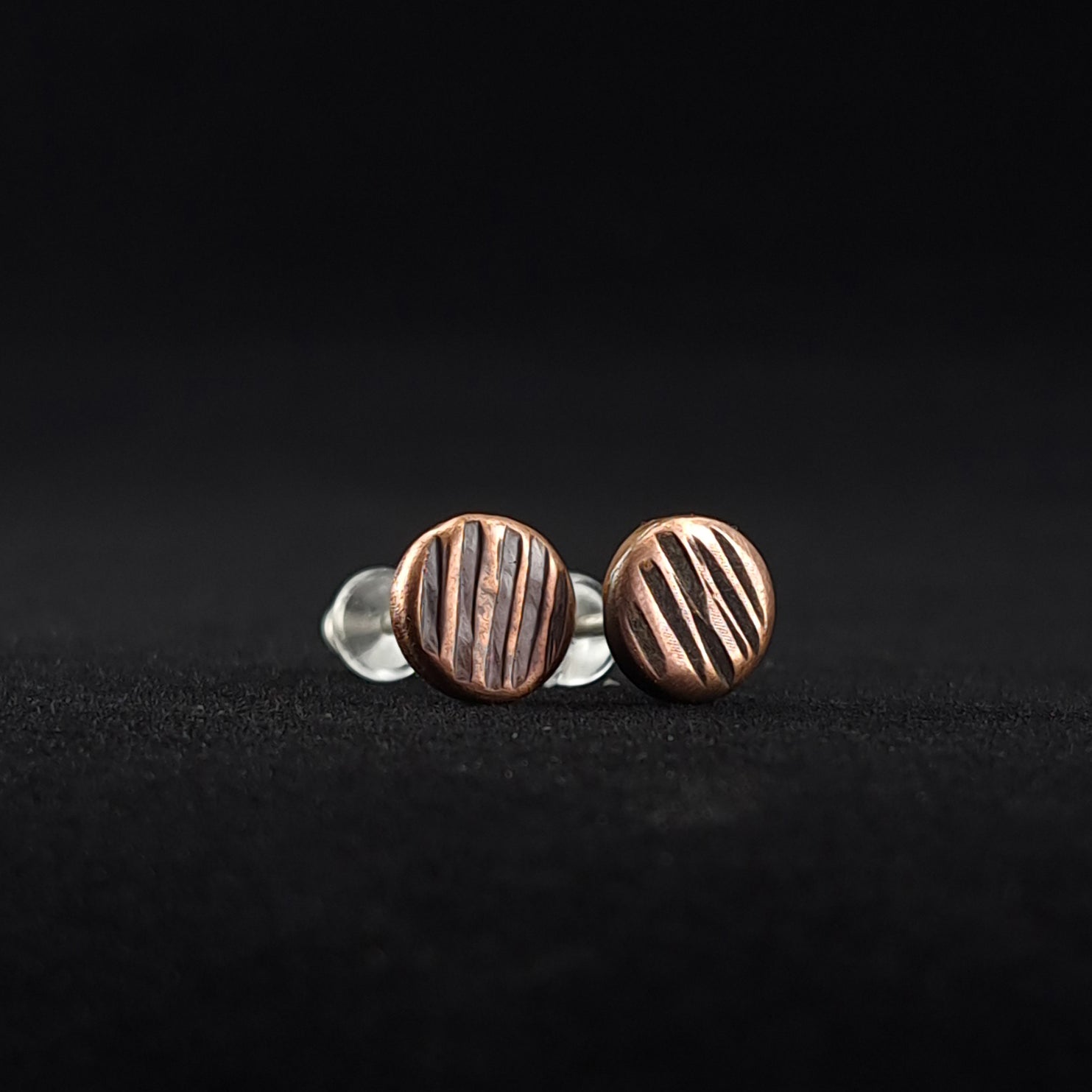 Lined Copper Circle Stud Earrings — 925 Sterling Silver Posts