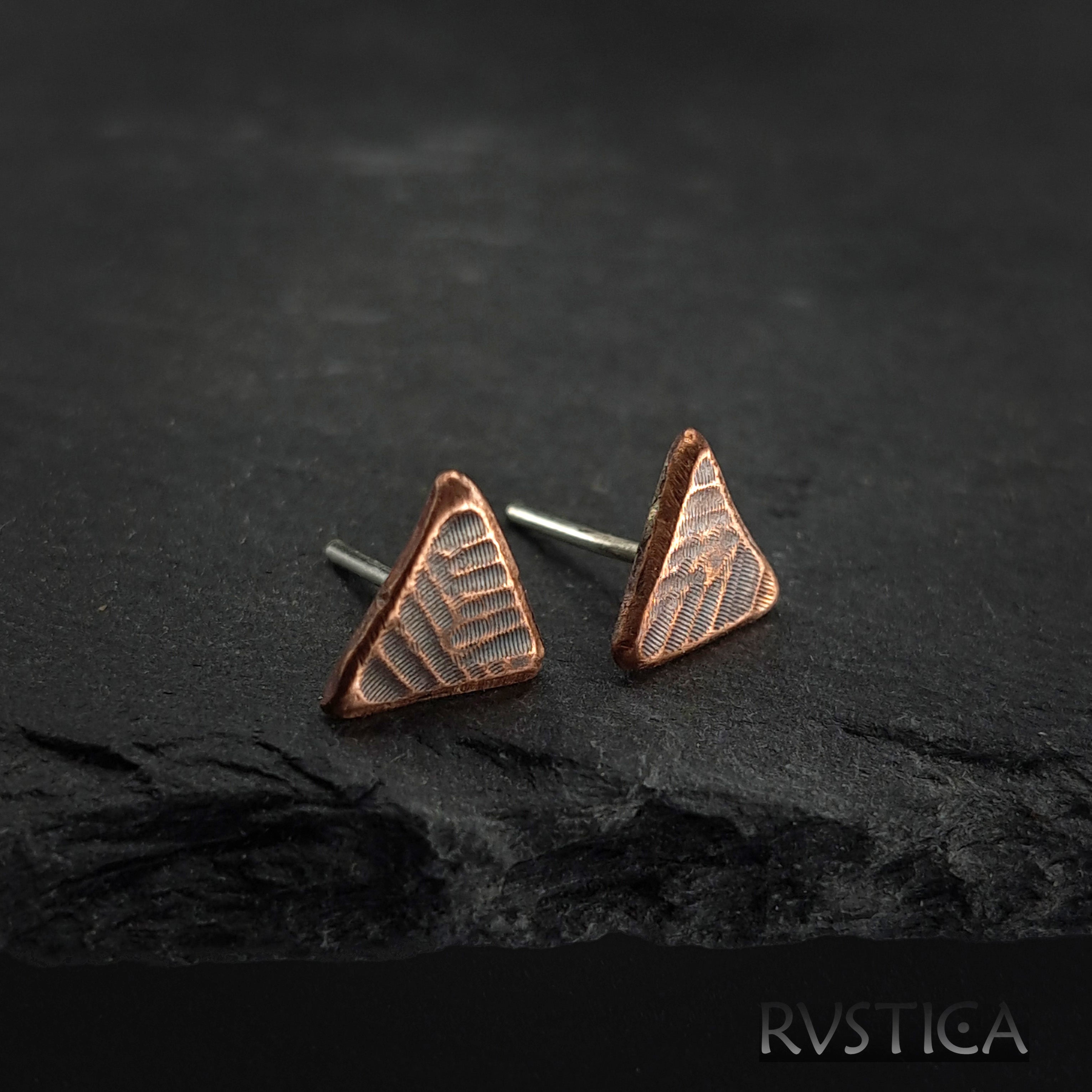 Woven Copper Triangle Stud Earrings — 925 Sterling Silver Posts