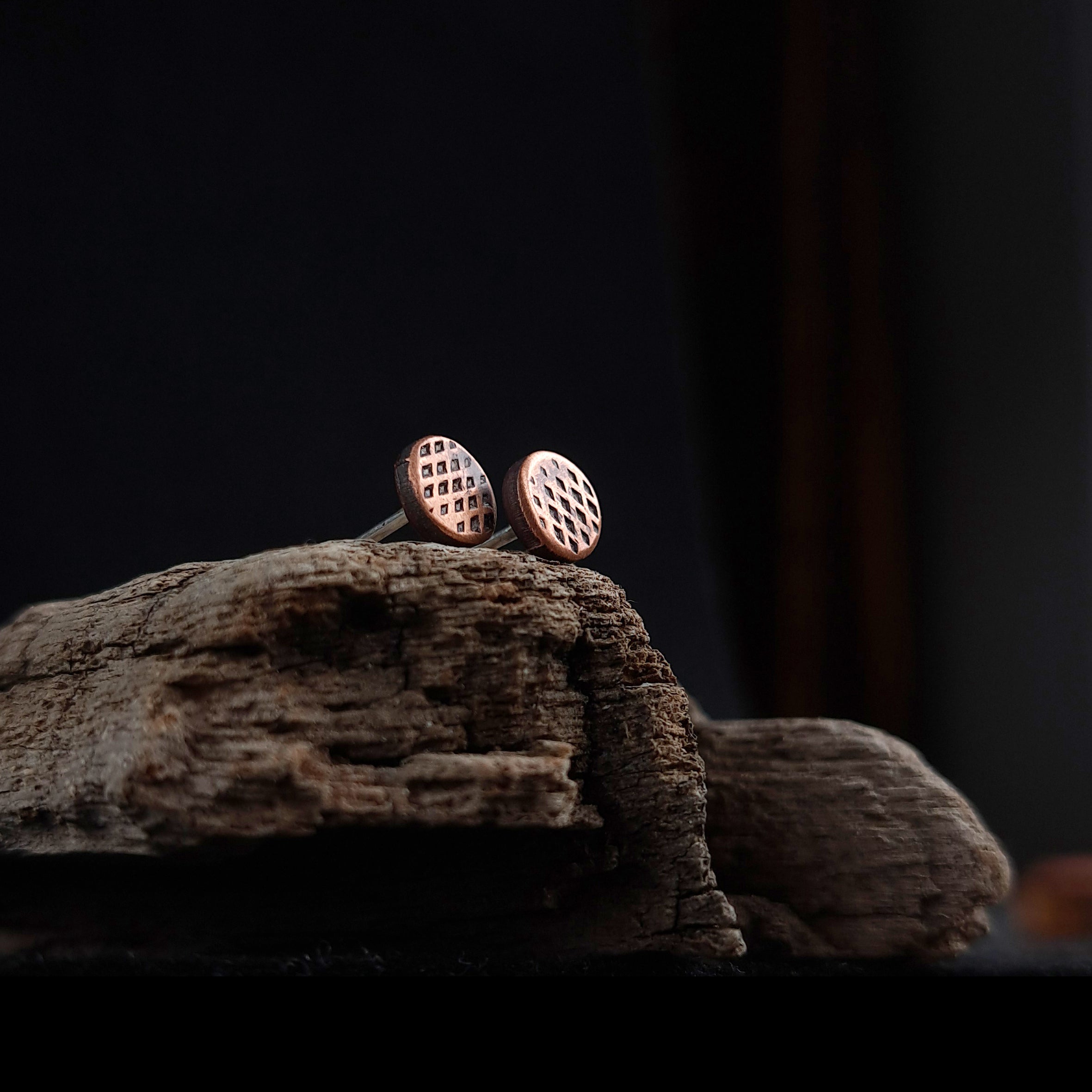 Cross-Hatched Copper Circle Stud Earrings — 925 Sterling Silver Posts
