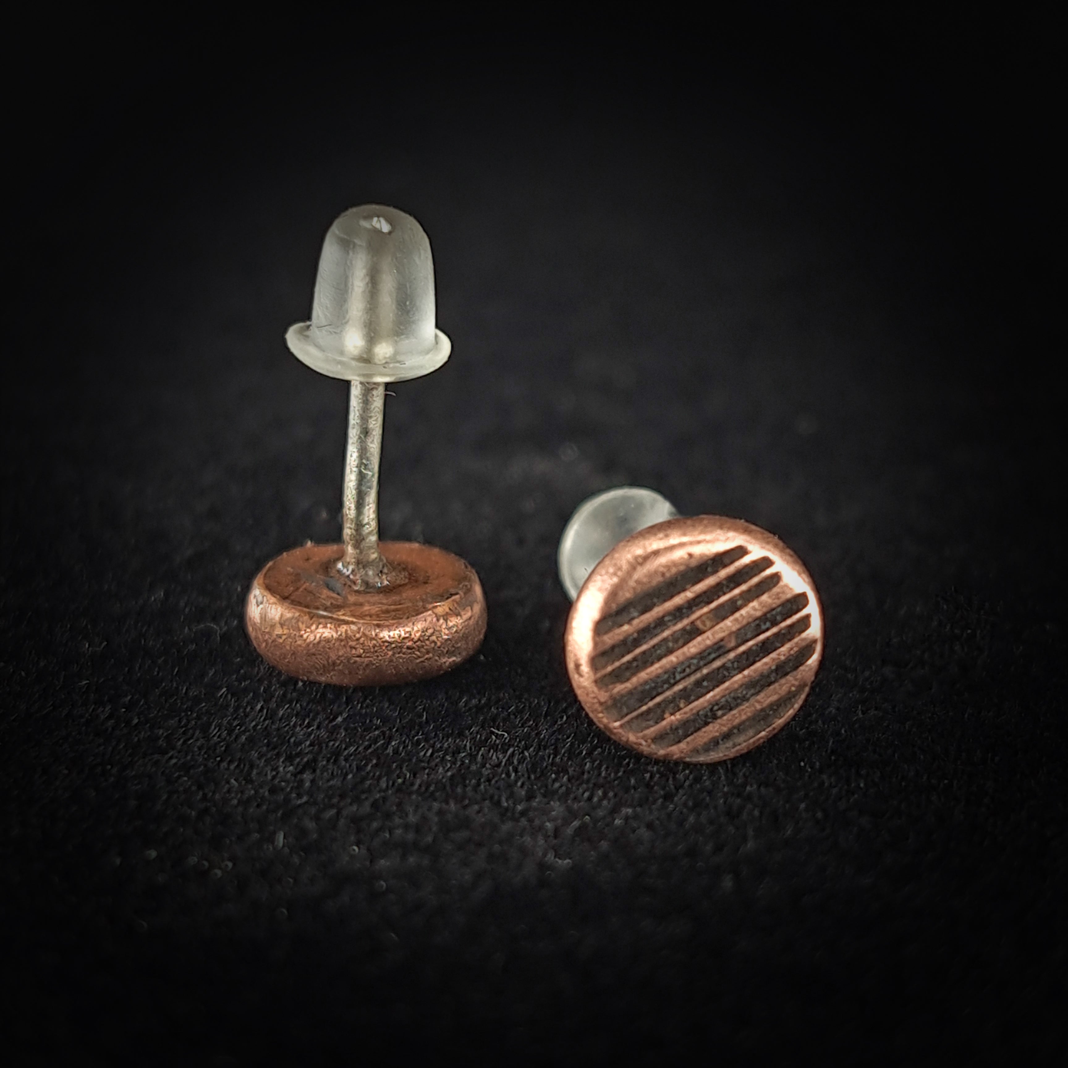 Lined Copper Circle Stud Earrings — 925 Sterling Silver Posts