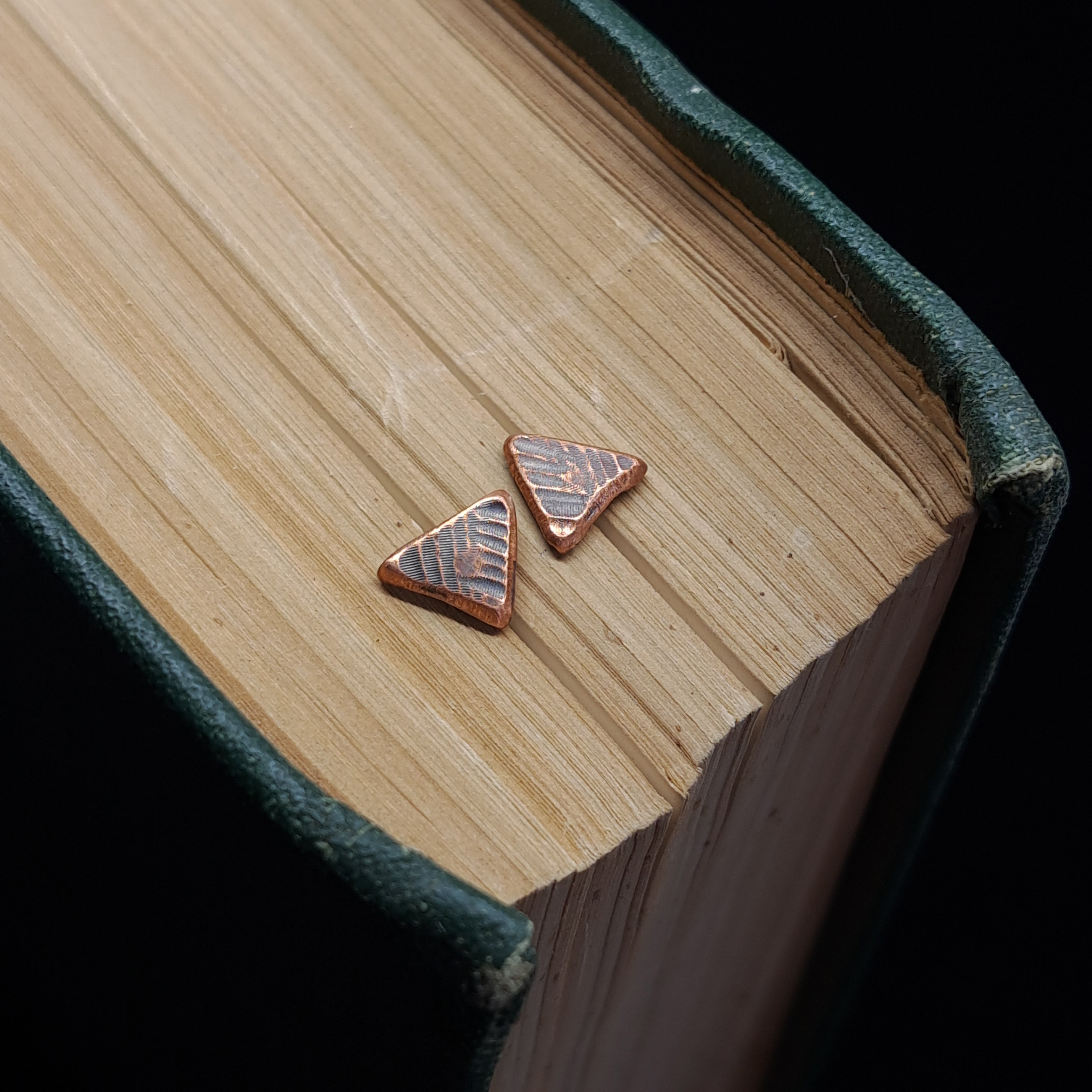 Woven Copper Triangle Stud Earrings — 925 Sterling Silver Posts