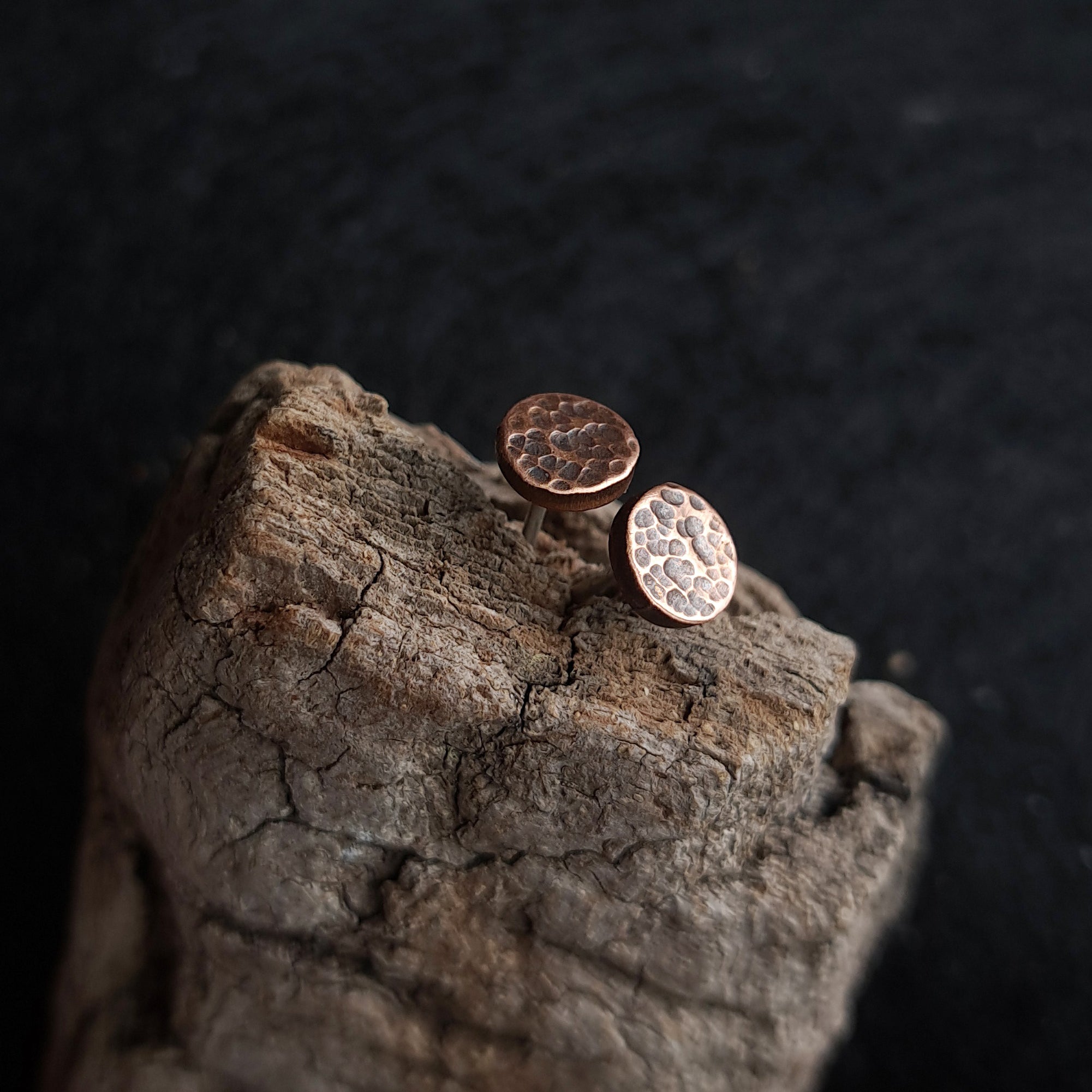 Hammered Copper Circle Stud Earrings — 925 Sterling Silver Posts