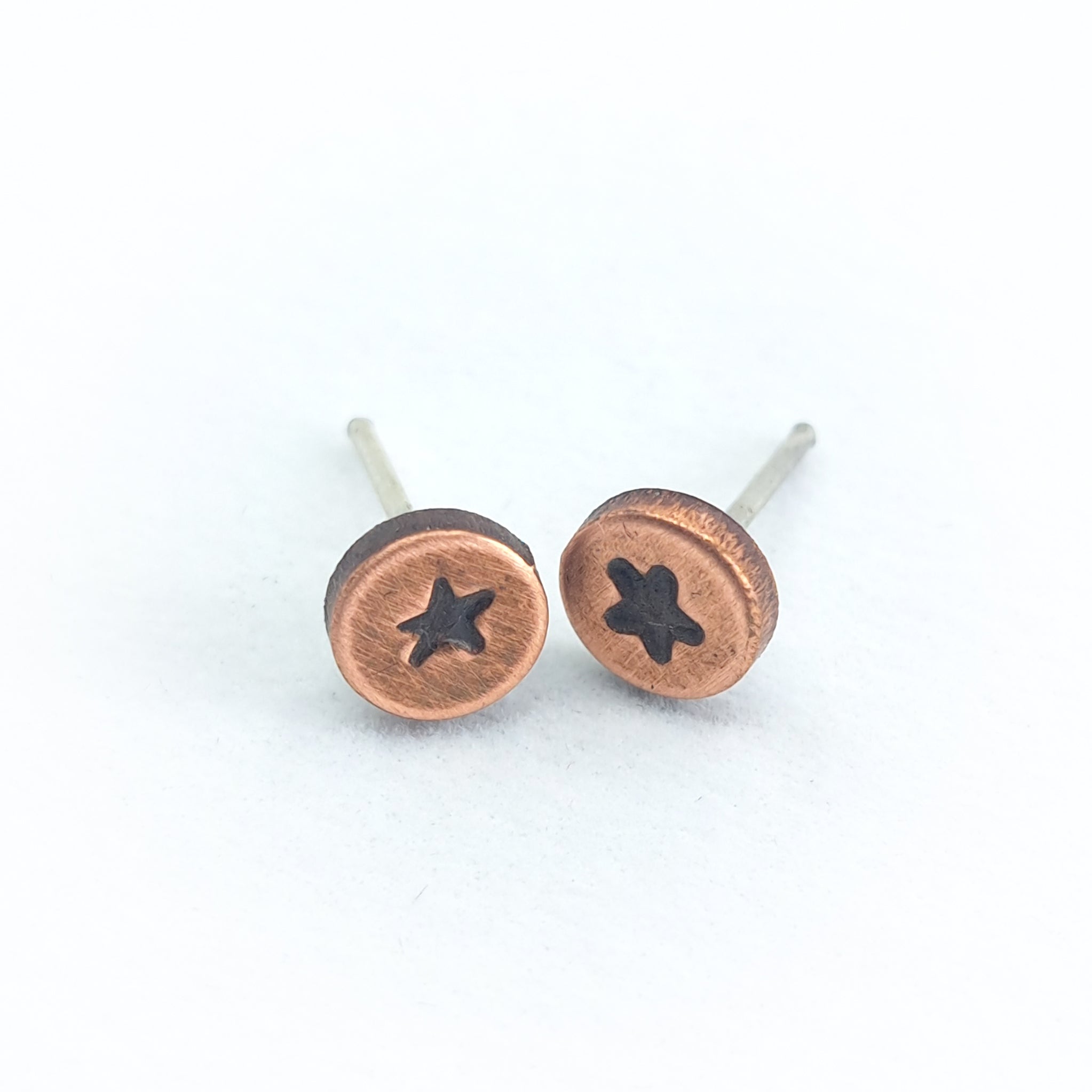 Star-Stamped Copper Circle Stud Earrings — 925 Sterling Silver Posts