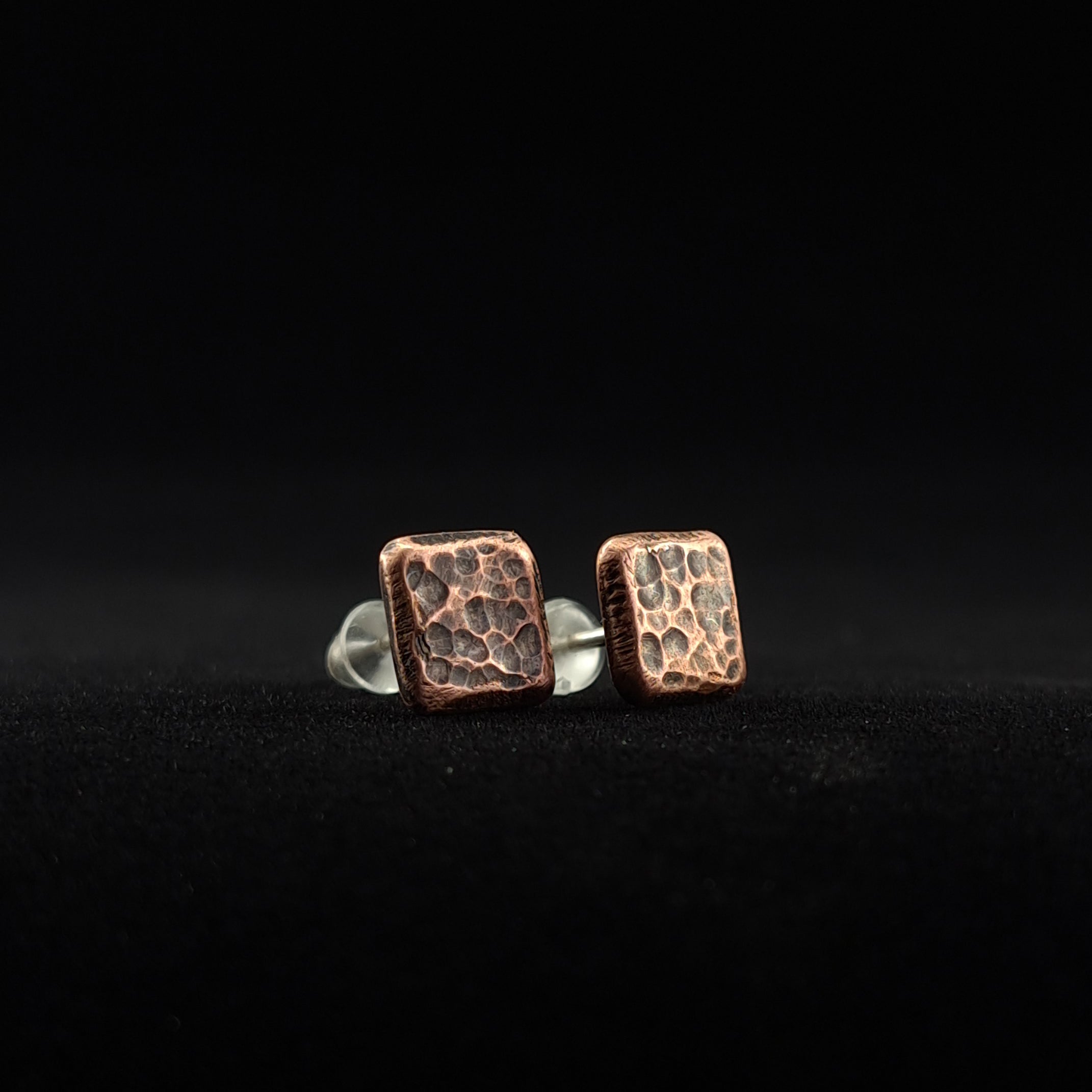 Hammered Copper Square Stud Earrings — 925 Sterling Silver Posts