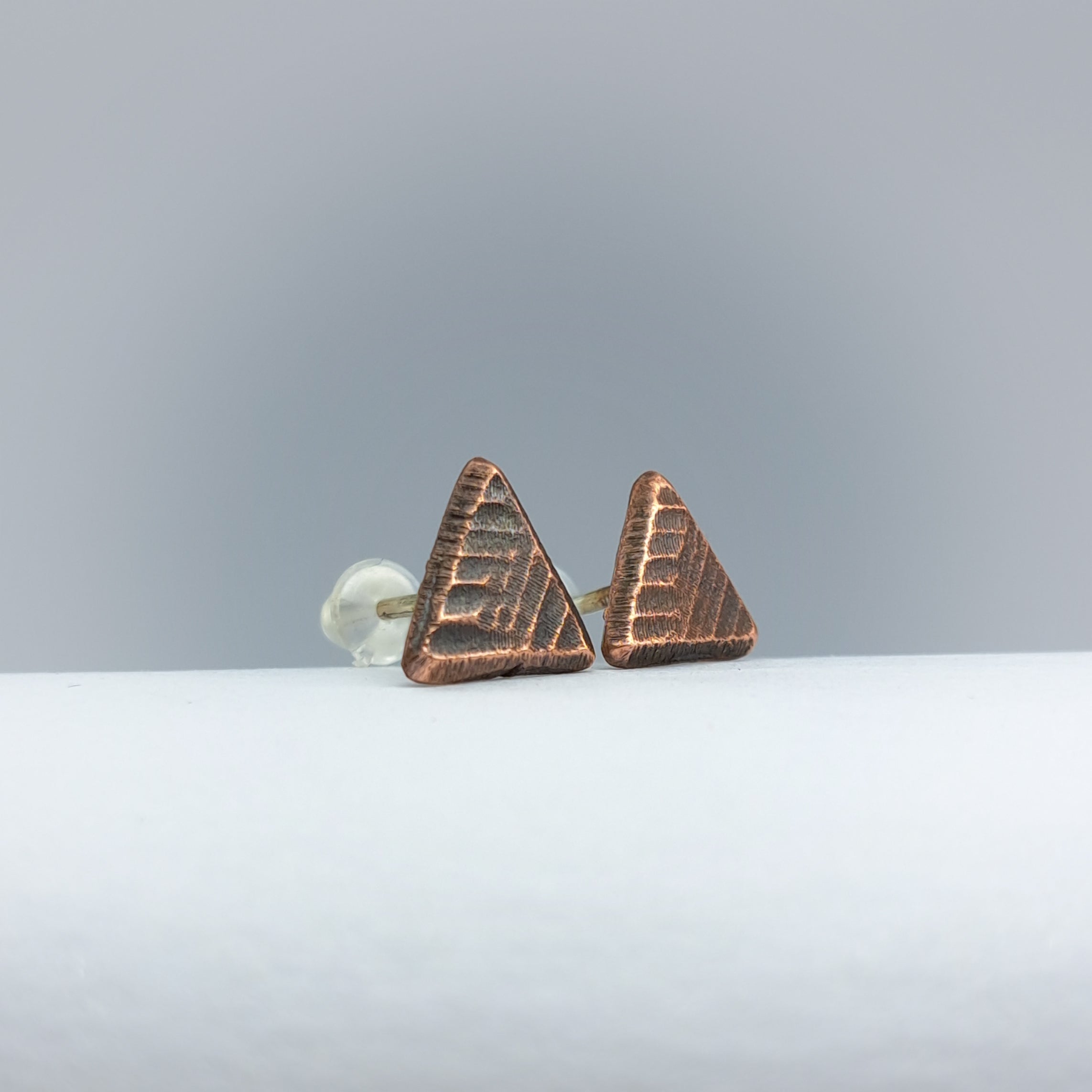 Woven Copper Triangle Stud Earrings — 925 Sterling Silver Posts
