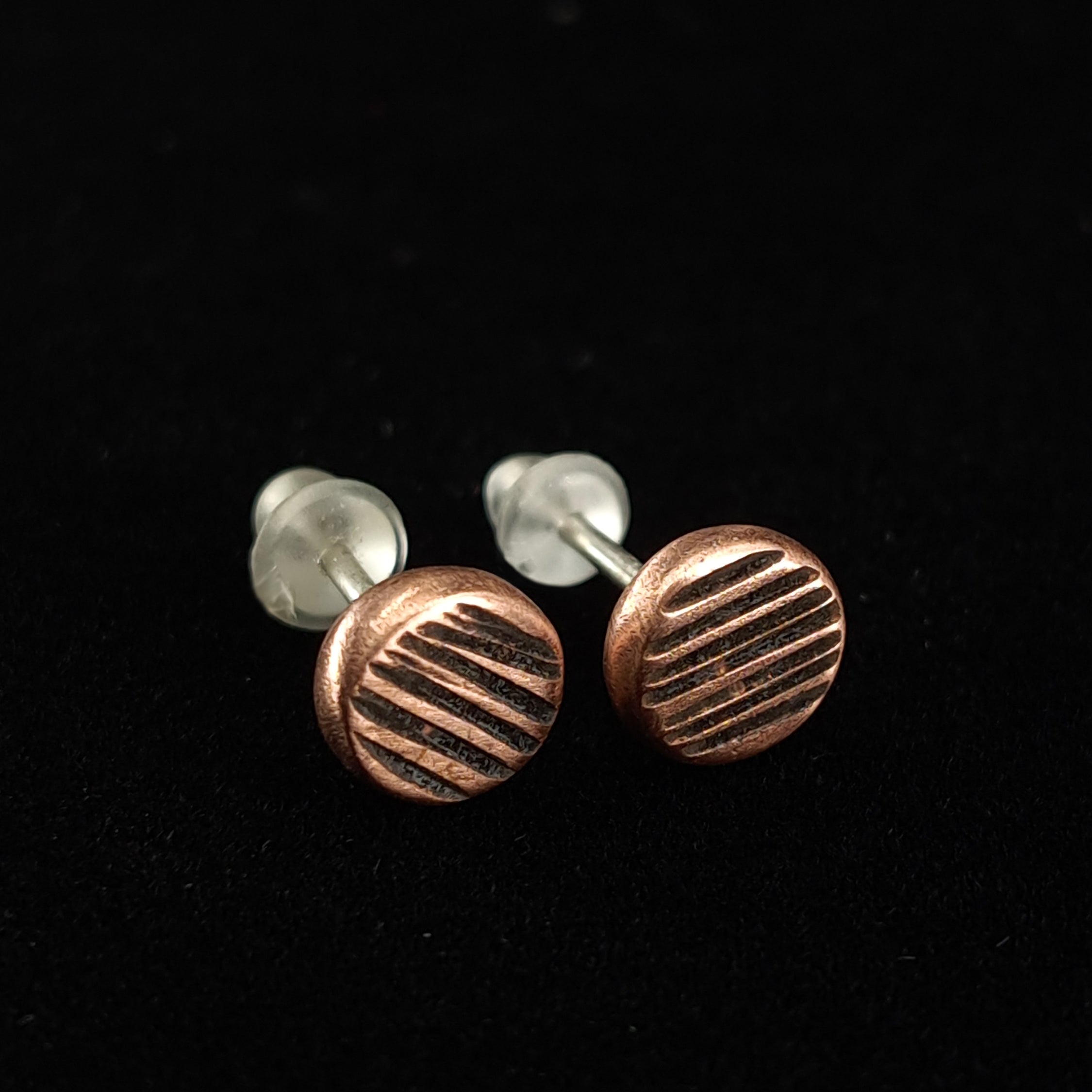 Lined Copper Circle Stud Earrings — 925 Sterling Silver Posts